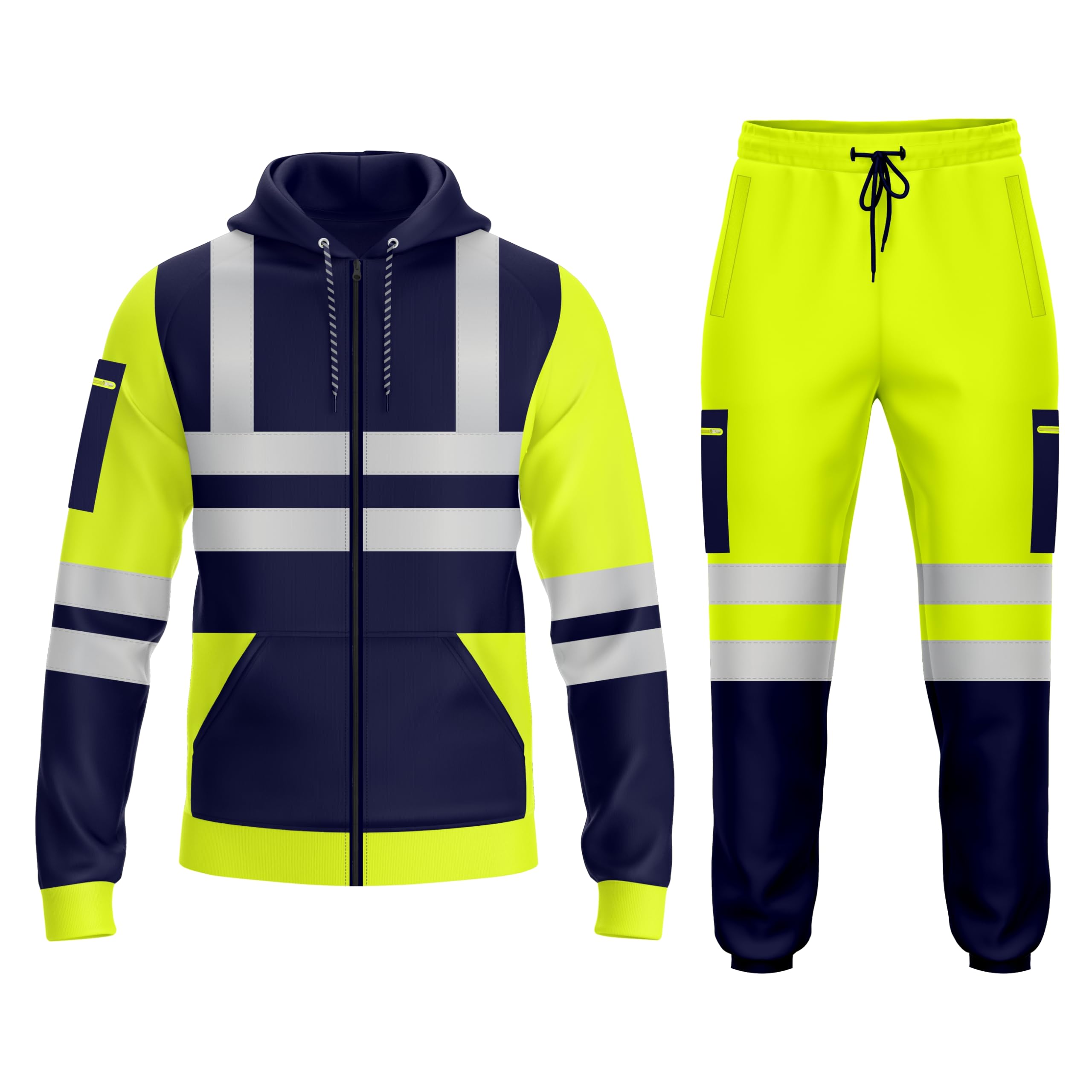 TORO ACTIVA Mens Hi Viz High Visibility Zip Up Tracksuit Pockets Drwastring Zipper Sweatshirt Hoodie & Trouser Bottom Jogging Safety Work Wear Reflective Joggers