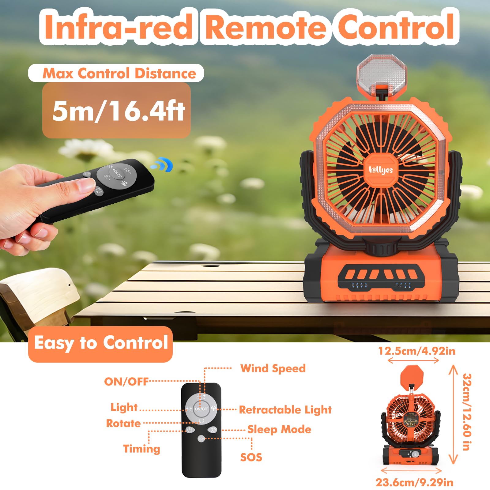 Outdoor Camping Fan with Light, 20000mAh Battery Powered, Rechargeable Portable Fan with Remote Control and 360° Rotating Hook, 4 Speeds for Indoor, Traveling, Tenting, RVing, Fishing, Beach (Orange)