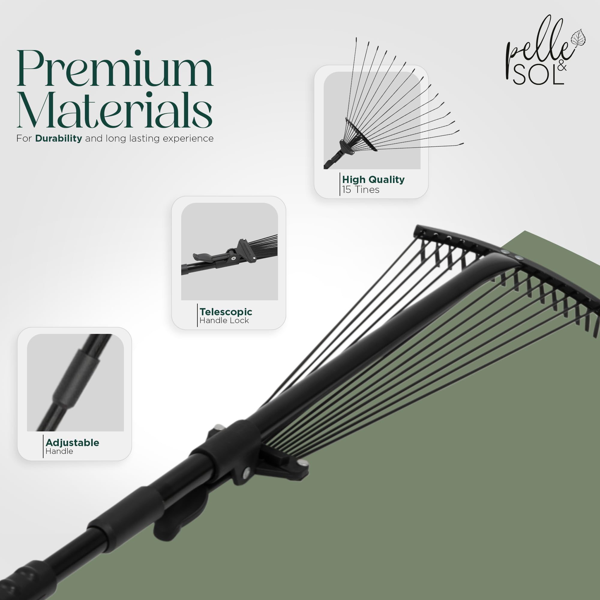 Pelle & Sol Garden Rake - 38-63 Inch Adjustable Lawn Rake for Gardening, Grass w/ 25 Tines for Yard Clean Up - Garden Rakes for Leaves, Lawn Leveller, Yard Clean Up Tool - Black