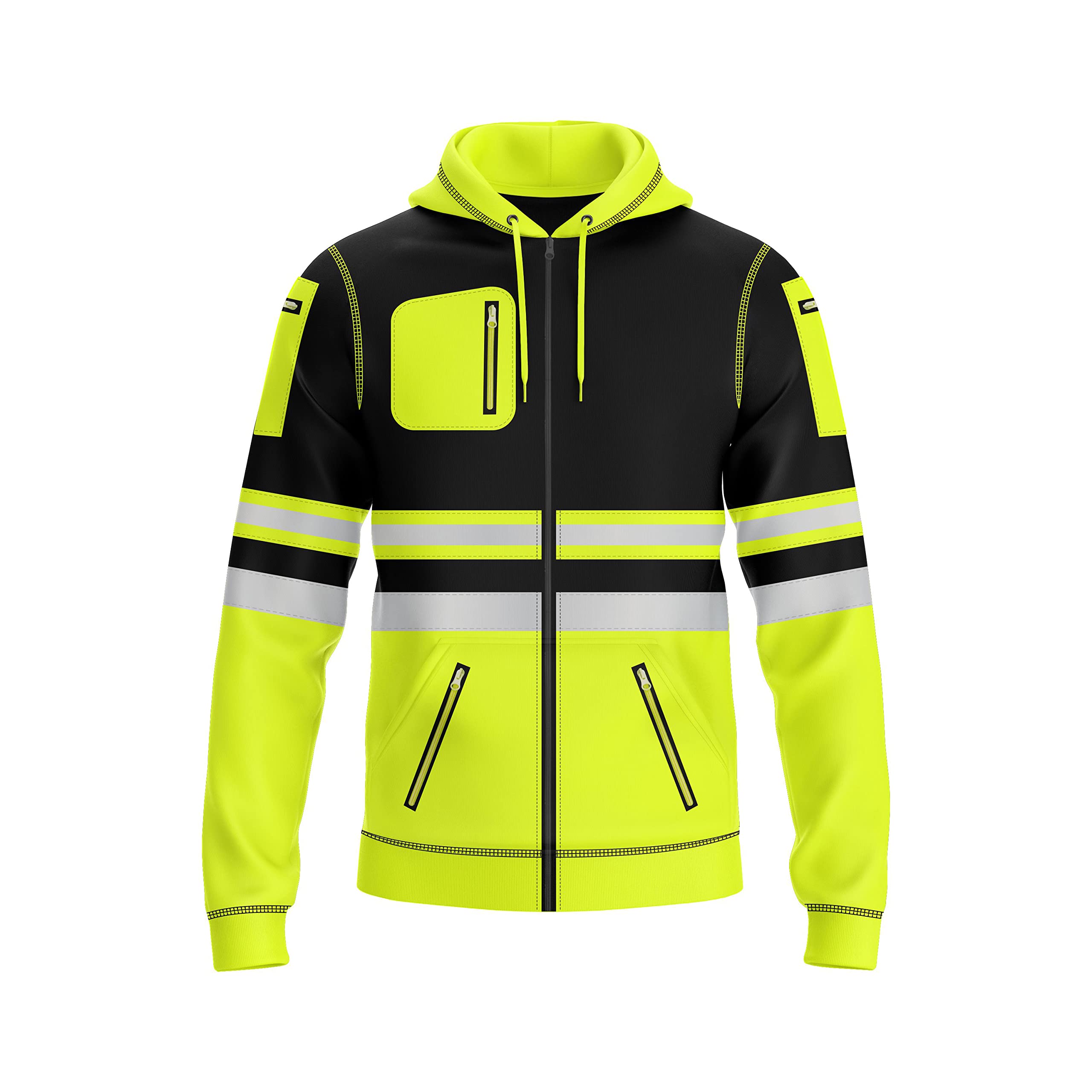 trending babz Mens Hi Vis Pullover Hoodie Reflective Tape Safety Work Drawstring Multi Zipped Pockets High Viz High Visibility Hoodie Sweatshirt