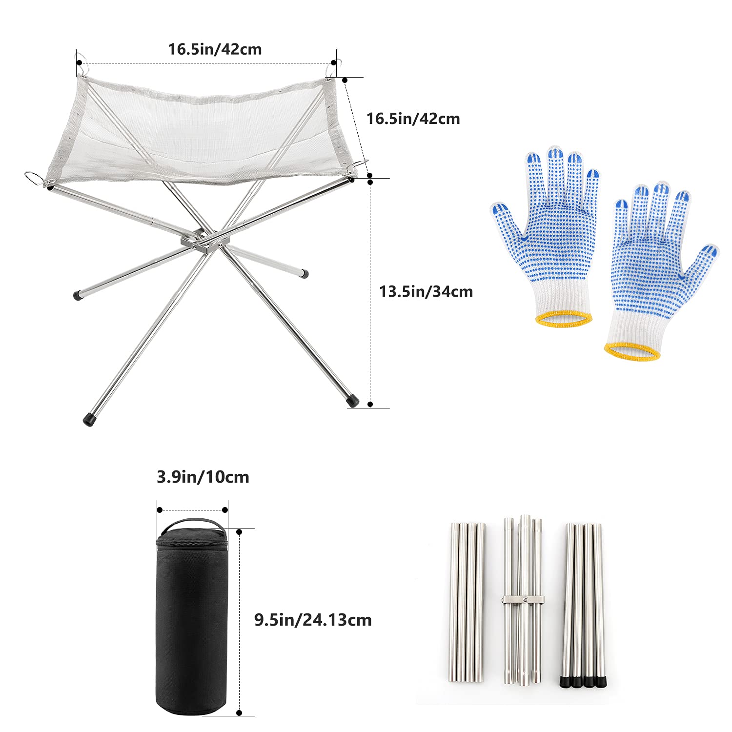 Portable Fire Pit for Camping, Outdoor Folding Firepit Fireplace with Heat Resistant Gloves & Carrying Bag, Stainless Steel Mesh BBQ Fire Bowl for Picnics, Bonfire, Patio, Backyard and Garden