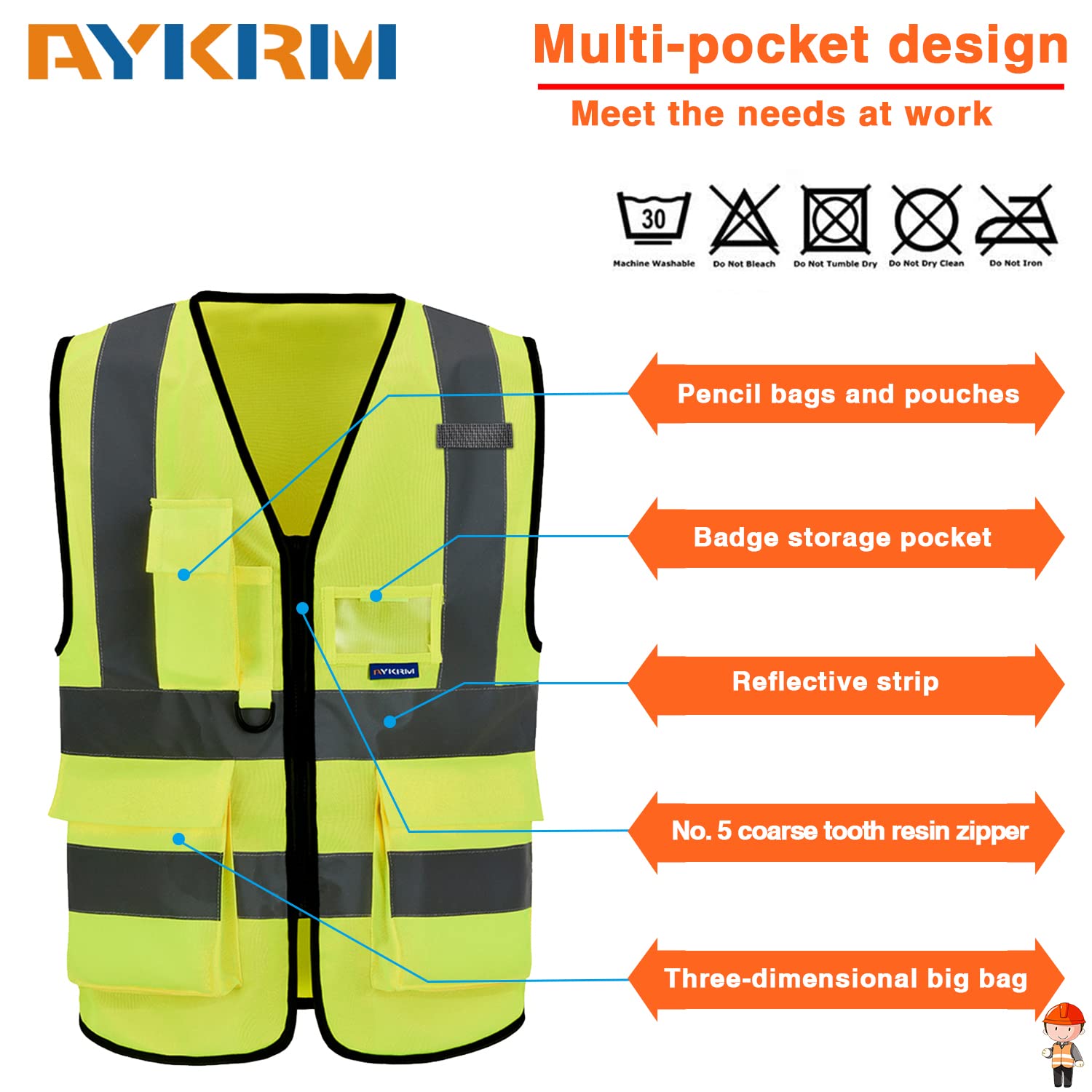 AYKRM Hi viz vests yellow high viz Class 2 hi vis Zipper Front High Visibility vest Hi Vis Executive Vest Waistcoat with Phone & ID Pockets