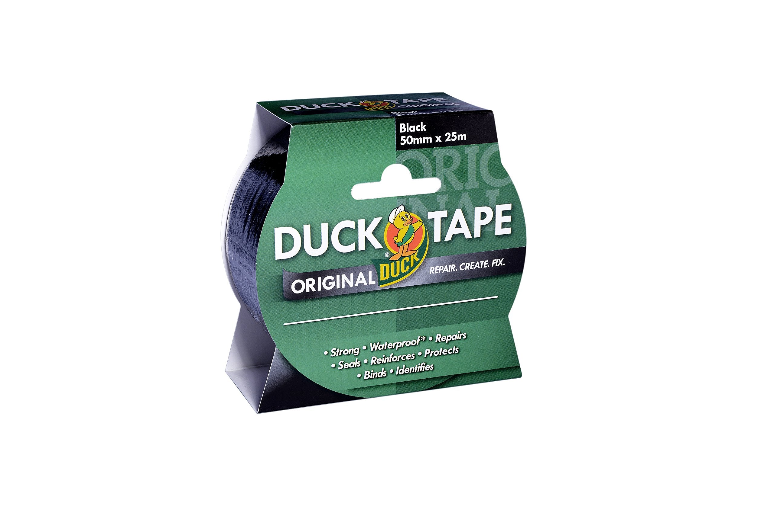 Duck Tape Original Black, 50mm x 25m. The original high strength waterproof gaffer and duct adhesive cloth repair tape