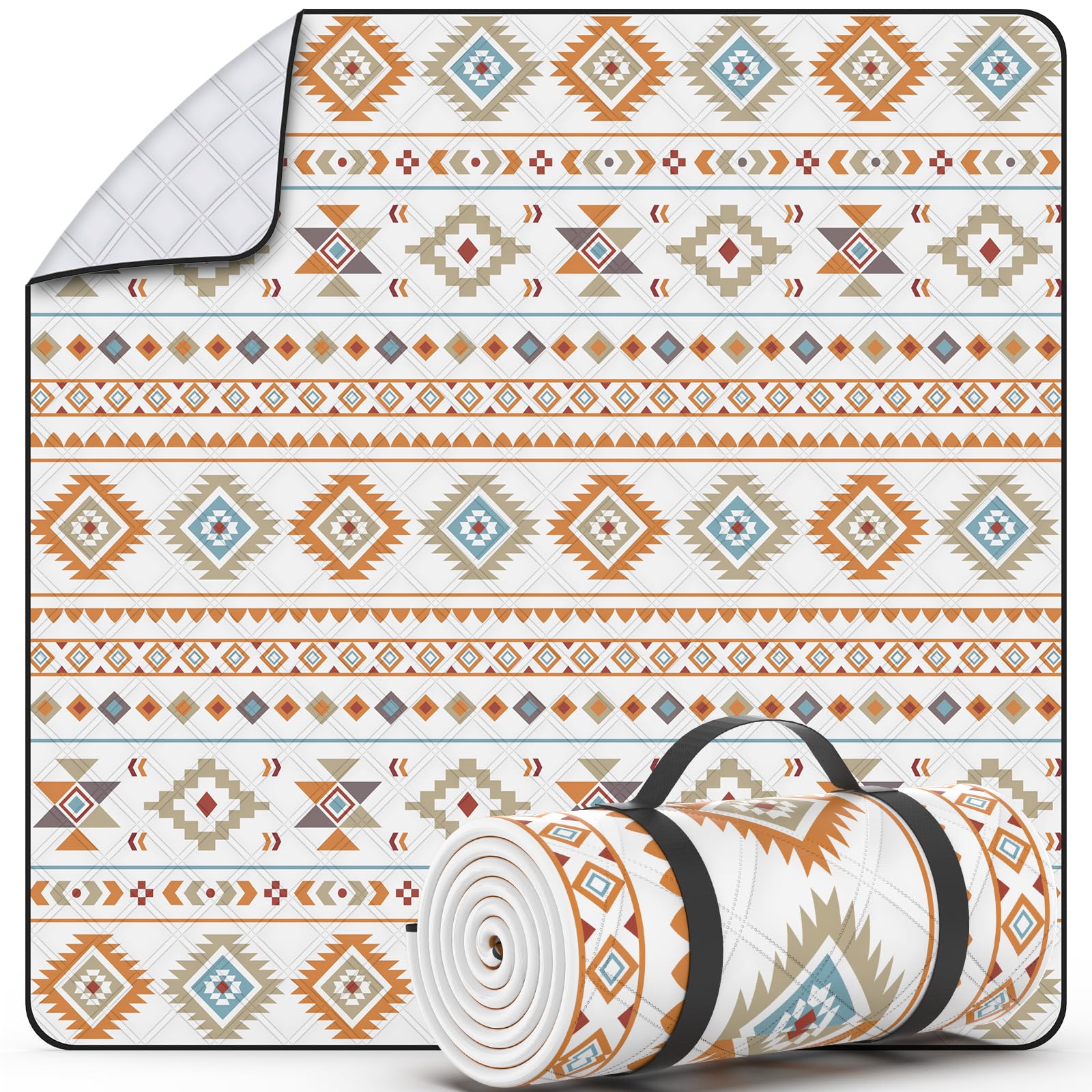 UKNOWISA 5-layer Picnic Blanket, Extra Large 200 x 200cm Waterproof Beach Picnic Mat with Carrying Handle, Bohemian, Foldable Machine Washable for Outdoor Picnic Garden Beach Camping