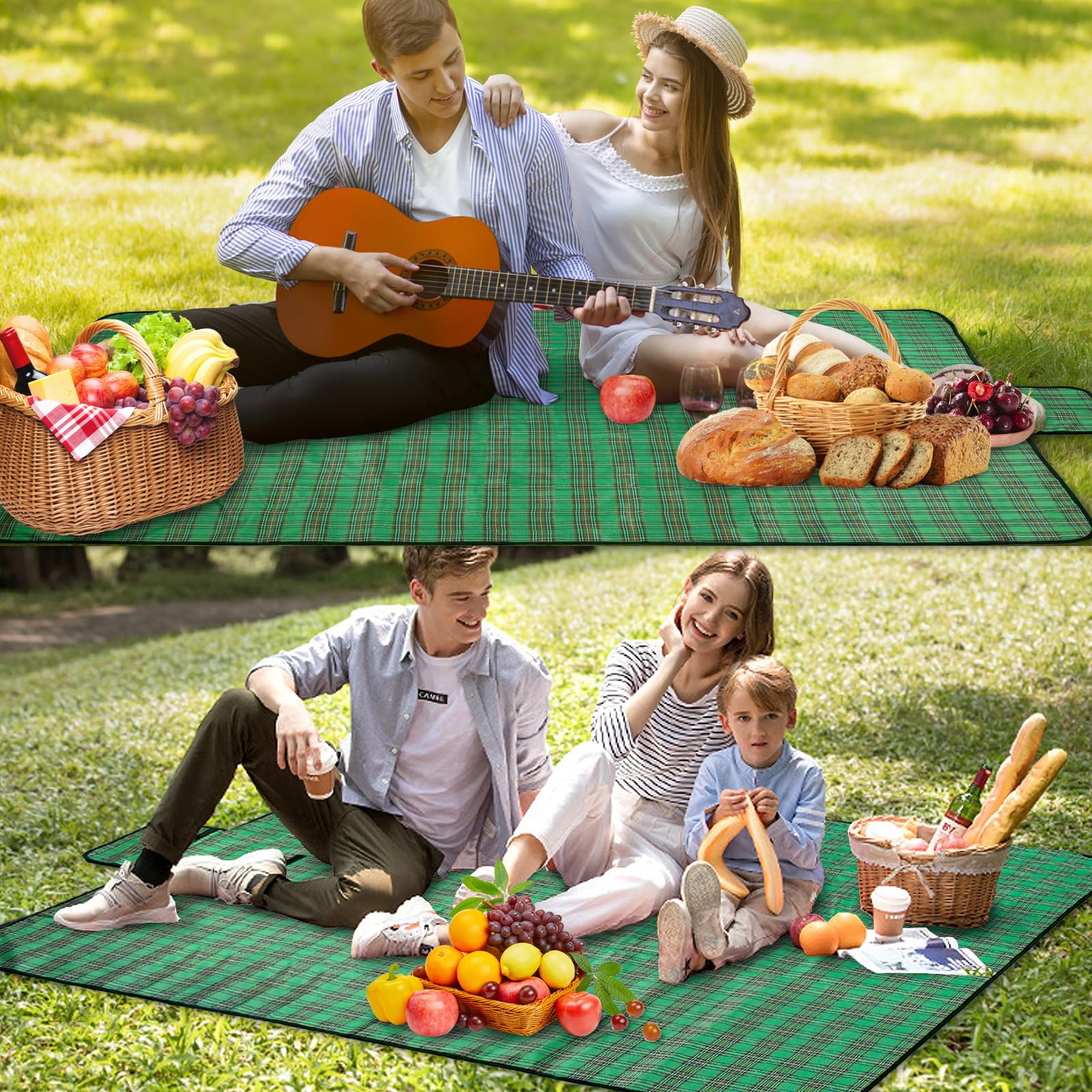 SOMIYAMI Tartan Picnic Blanket Waterproof, Garden Outdoor Camping Blanket, Beach Picnic Mat With Carrying Handle, Washable Multipurpose 150 x 200cm (Green)