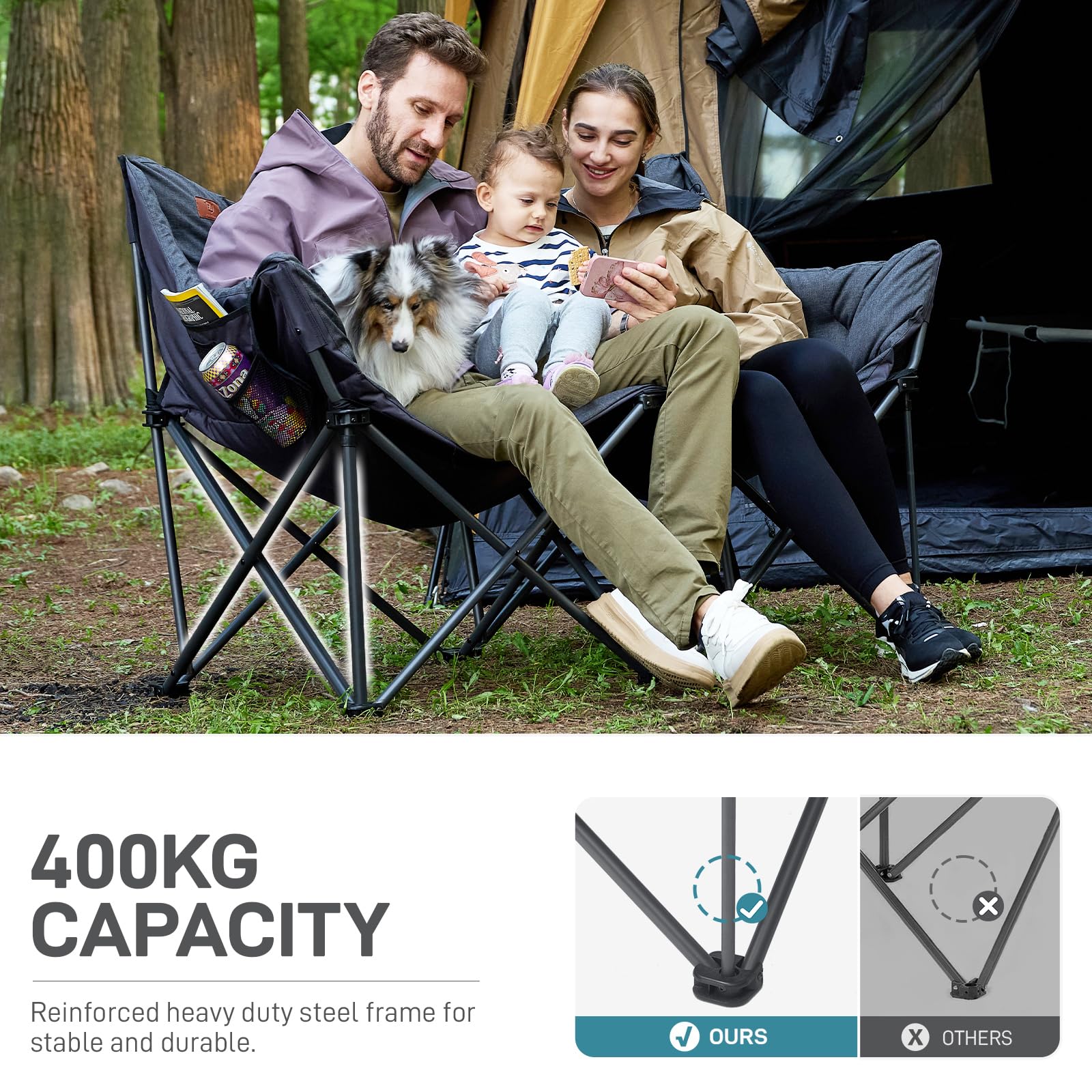 EVER ADVANCED Double Camping Chair for Adults 400KG, Heavy Duty Oversized Folding Camping Sofa Padded 6cm, Garden Foldable Chair Outdoor Luxury for Heavy People Camp Portable
