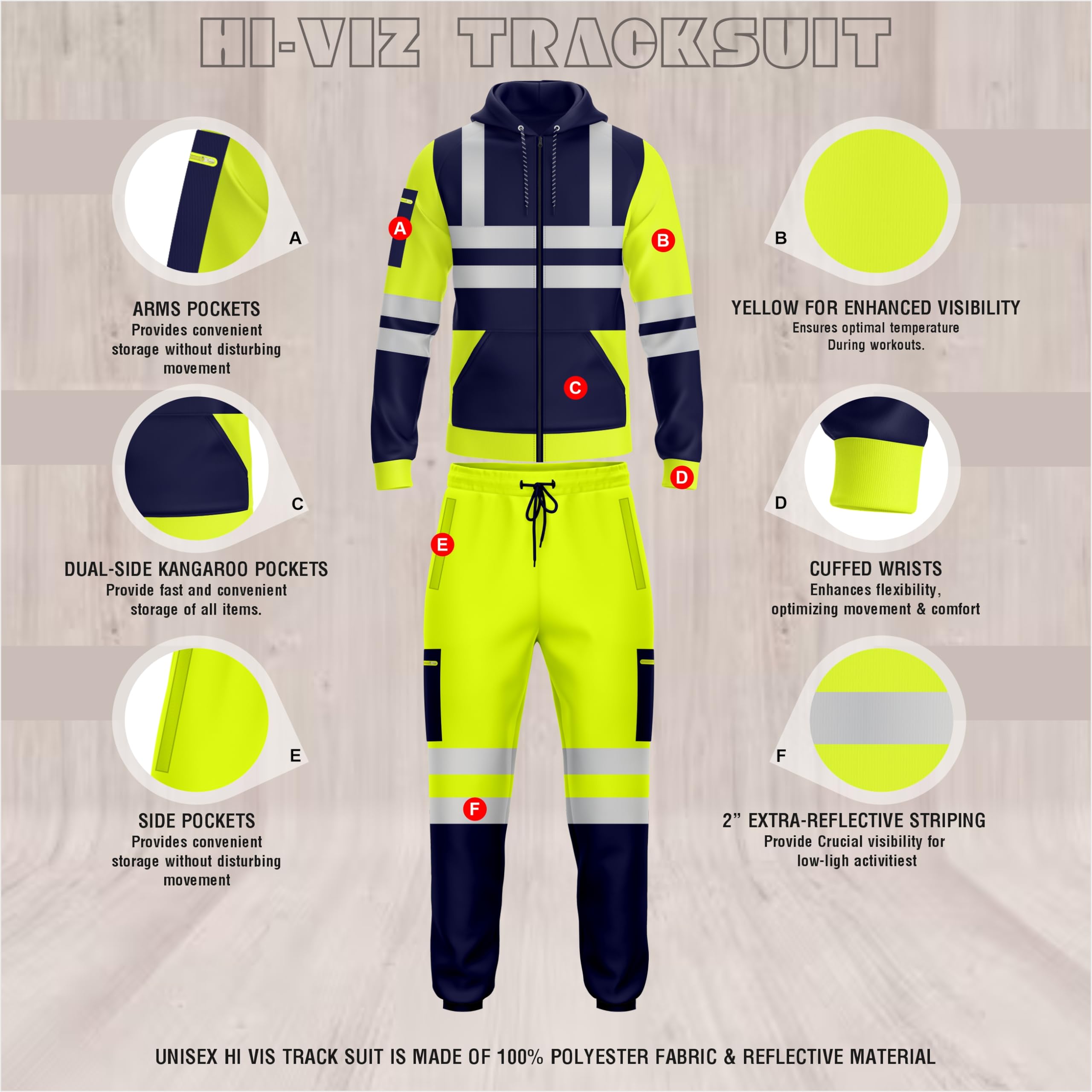 TORO ACTIVA Mens Hi Viz High Visibility Zip Up Tracksuit Pockets Drwastring Zipper Sweatshirt Hoodie & Trouser Bottom Jogging Safety Work Wear Reflective Joggers