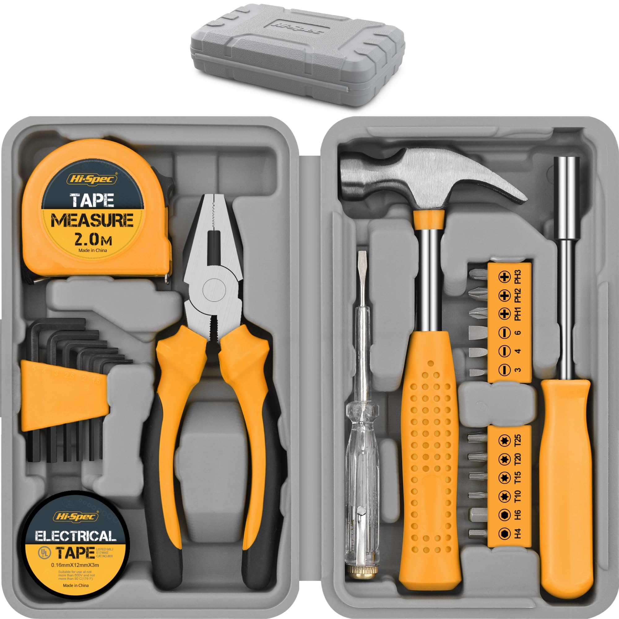 Hi-Spec 24pc Yellow Household DIY Tool Kit. Small Mini Box Set of Starter Basic Tools for Home & Office