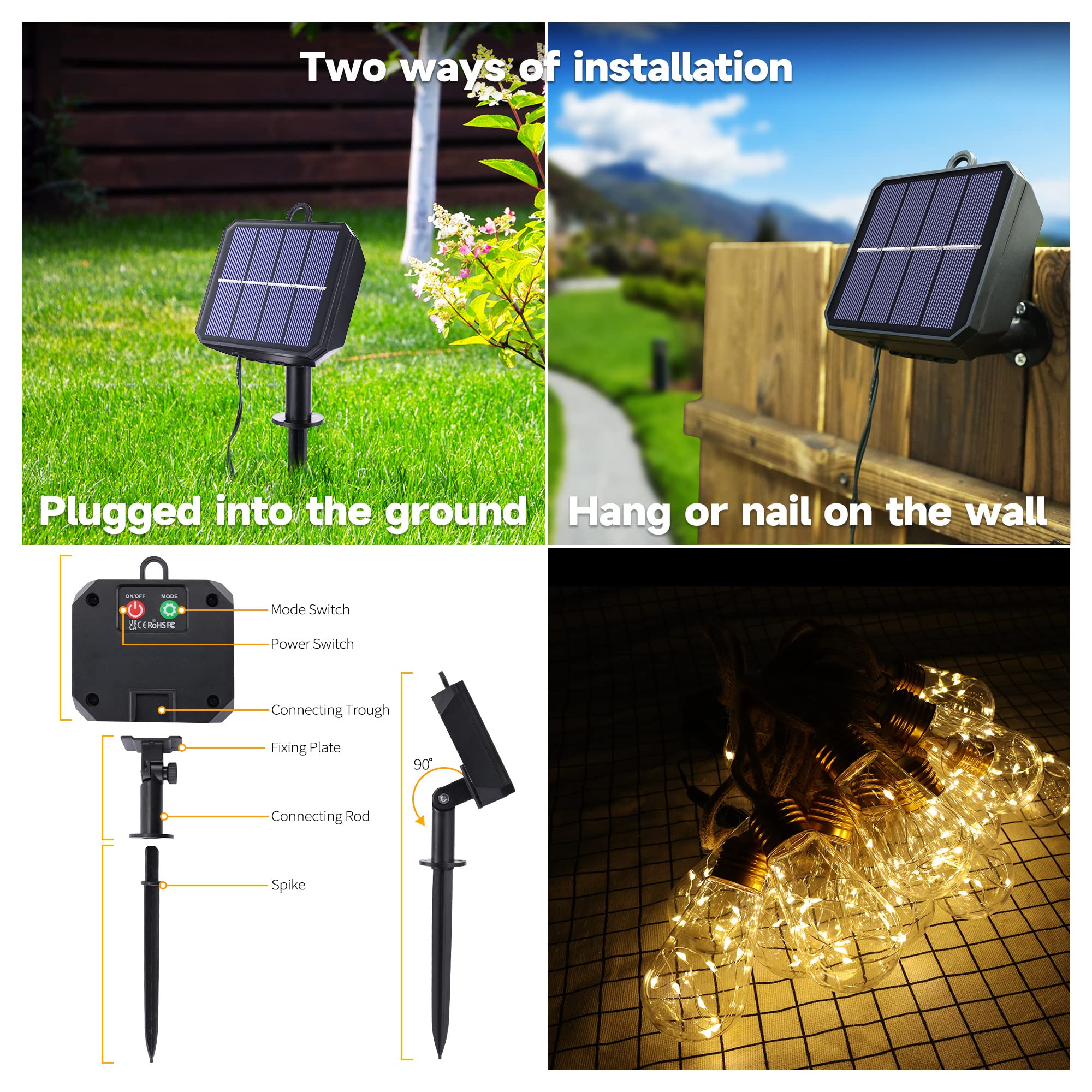 Geemoo Solar Fairy Lights Outdoor Garden - 8M 160 LED Solar String Lights Waterproof, Hemp Rope Solar Festoon Lights with 16 LED Shatterproof Bulbs for Patio, Party, Yard, Xmas Decoration (Warm White)