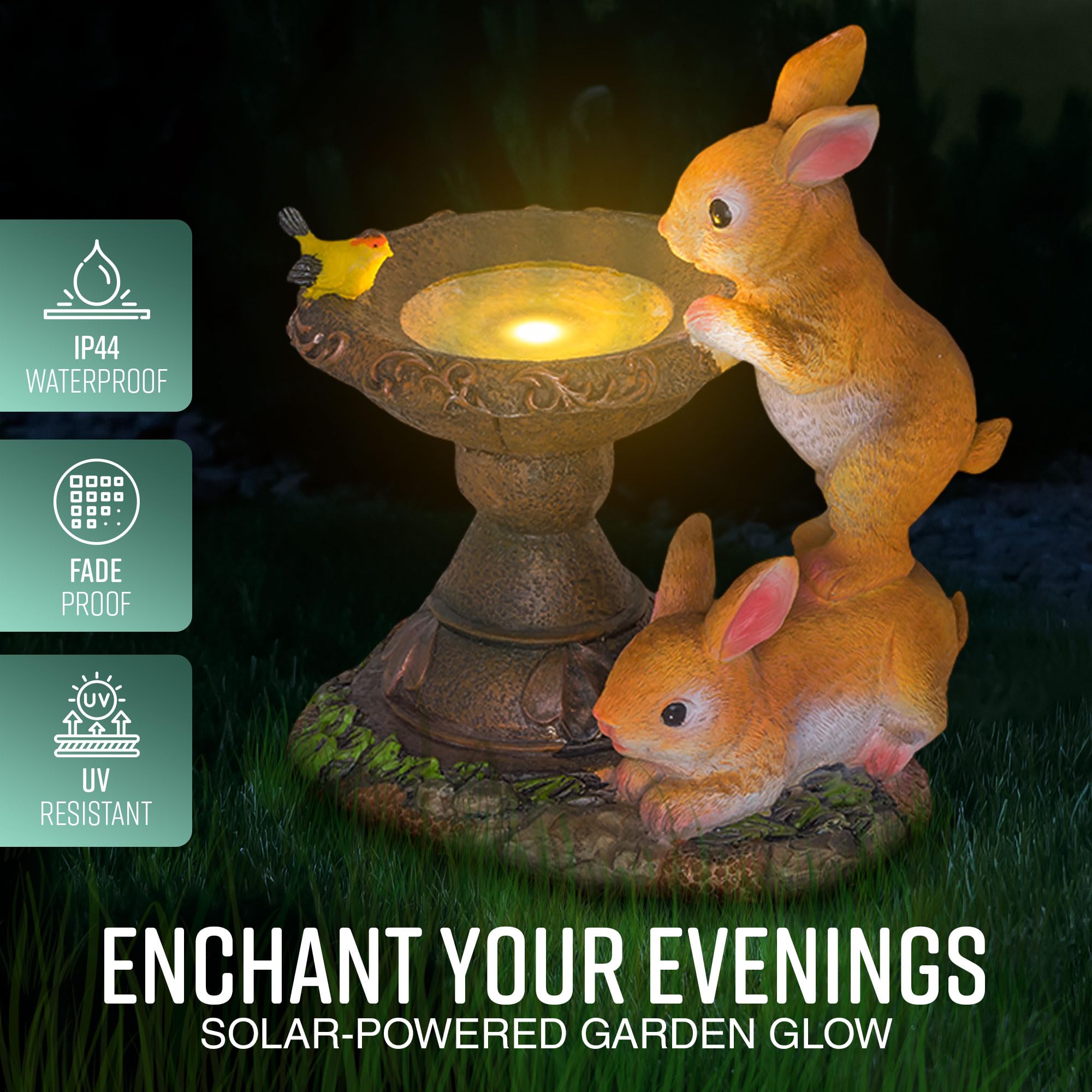 GloBrite Solar Rabbit Bird Bath for Garden | Outdoor Statue Gifts | Waterproof Resin Sculpture With Solar Lights for Christmas Decorations & Home Decor