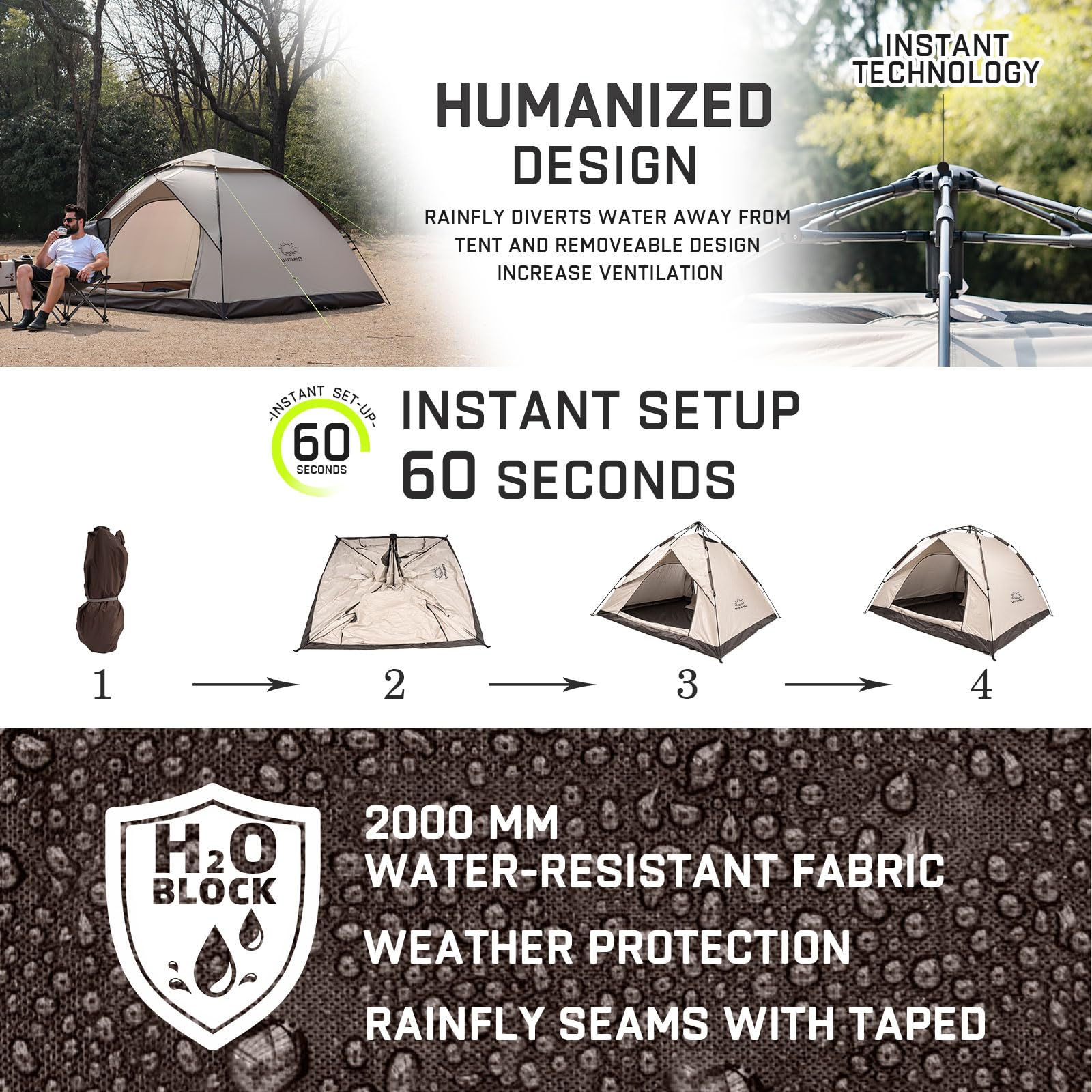 EPCPSHADES Camping Dome Tent for 2 Man, Waterproof Pop up Tent with Carry bag, Instant Double Layer Camping Automatic Tents for Outdoor, Khaki