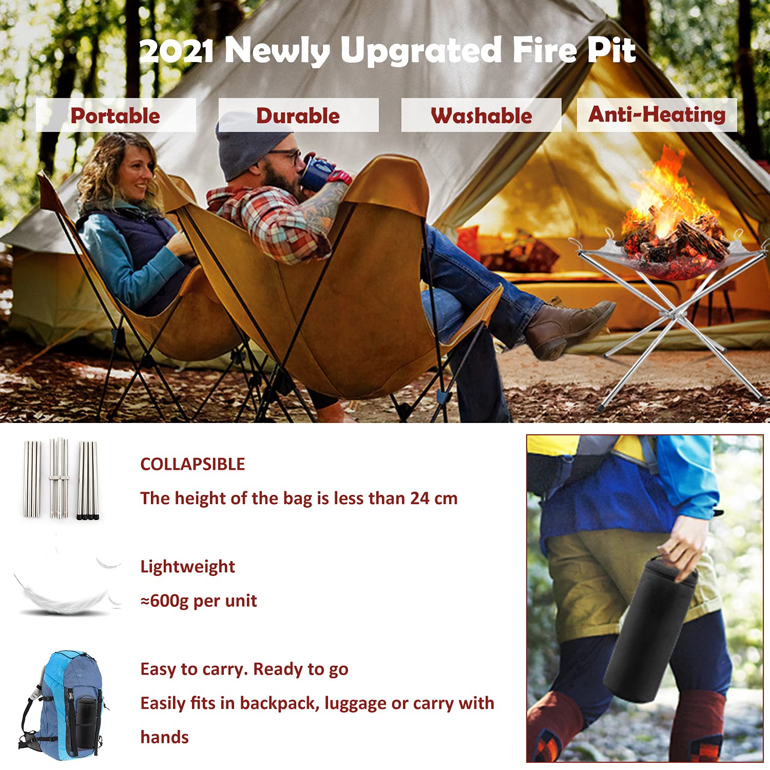 Portable Fire Pit for Camping, Outdoor Folding Firepit Fireplace with Heat Resistant Gloves & Carrying Bag, Stainless Steel Mesh BBQ Fire Bowl for Picnics, Bonfire, Patio, Backyard and Garden