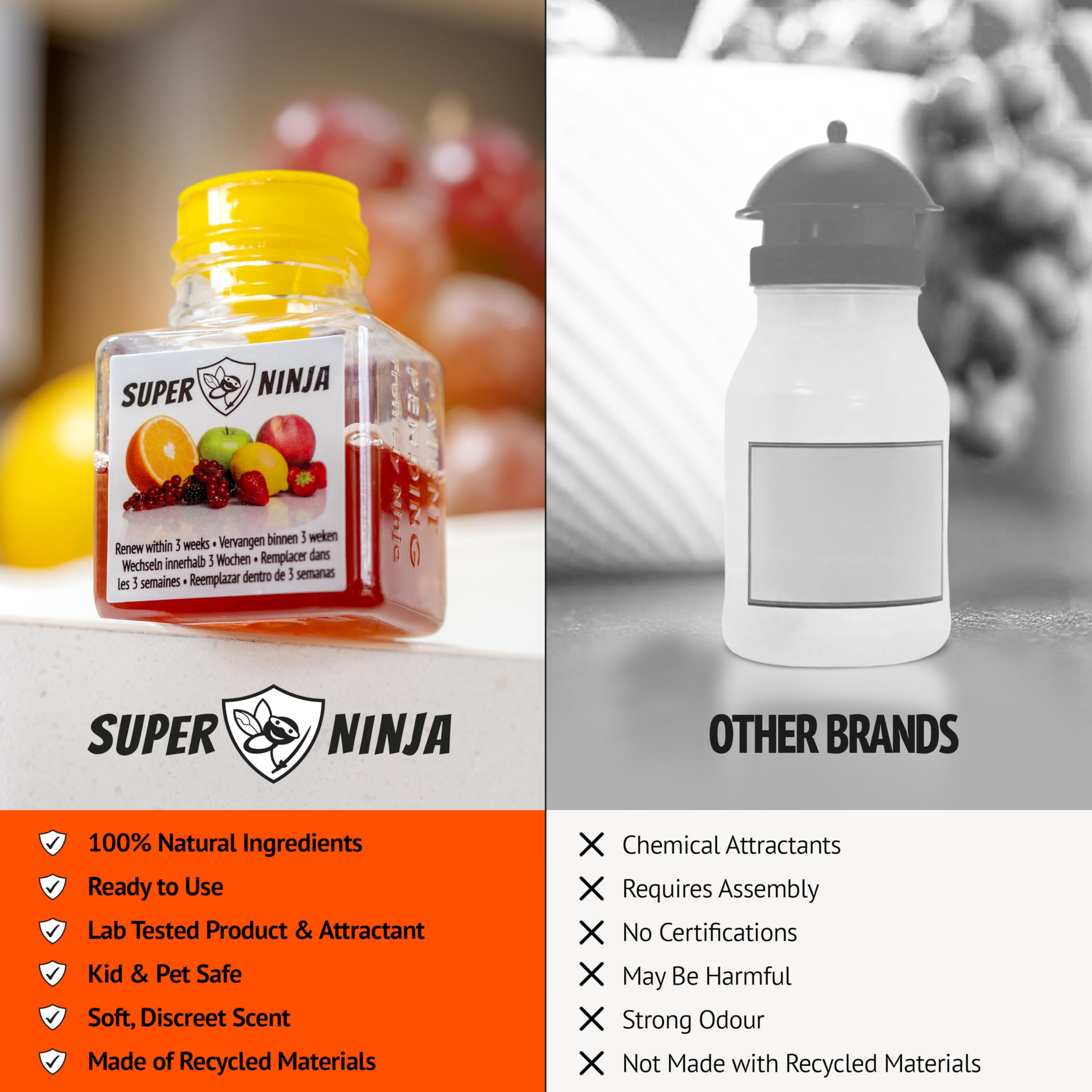 Super Ninja Fruit Fly Trap - 2 pack, Highly Effective Fruit Fly Killer for Home & Kitchen, Up to 3 Weeks of Performance per Bottle, Child & Pet Friendly
