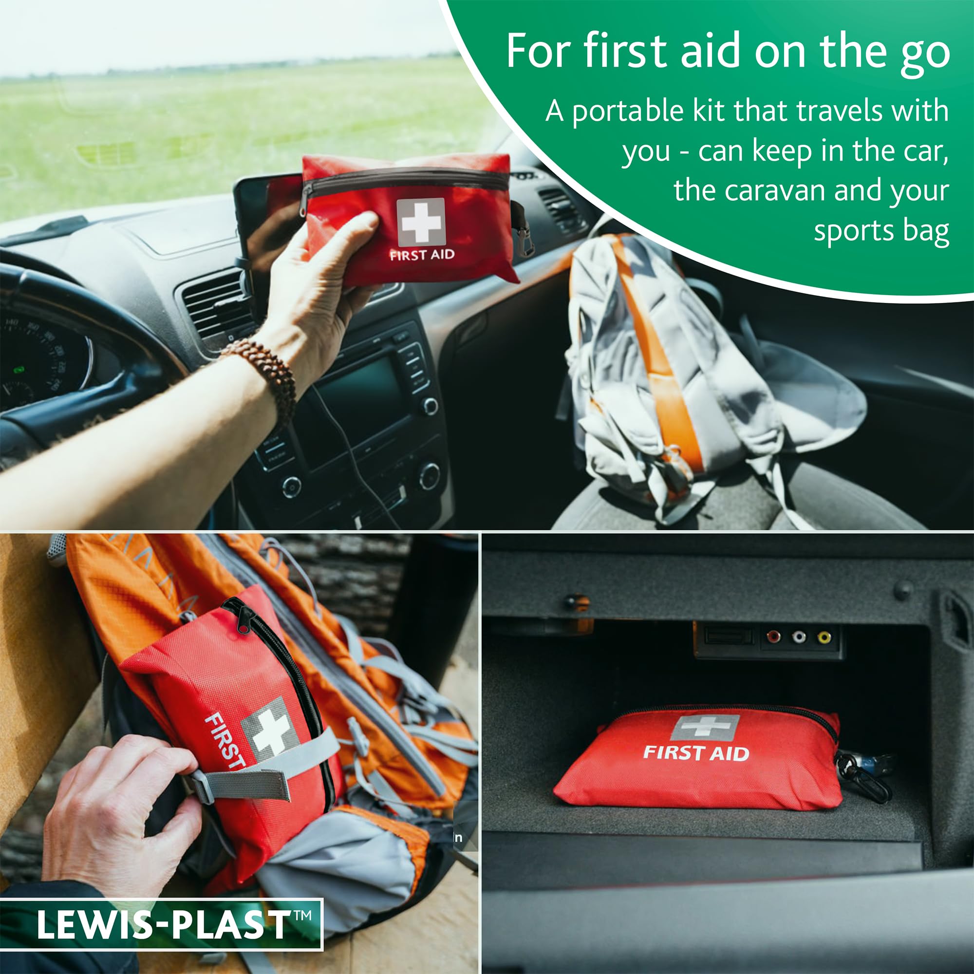 Lewis-Plast Premium 92 Piece First Aid Kit - Safety Essentials for Travel, Car, Home, Camping, Work, Hiking & Holiday Red , Small