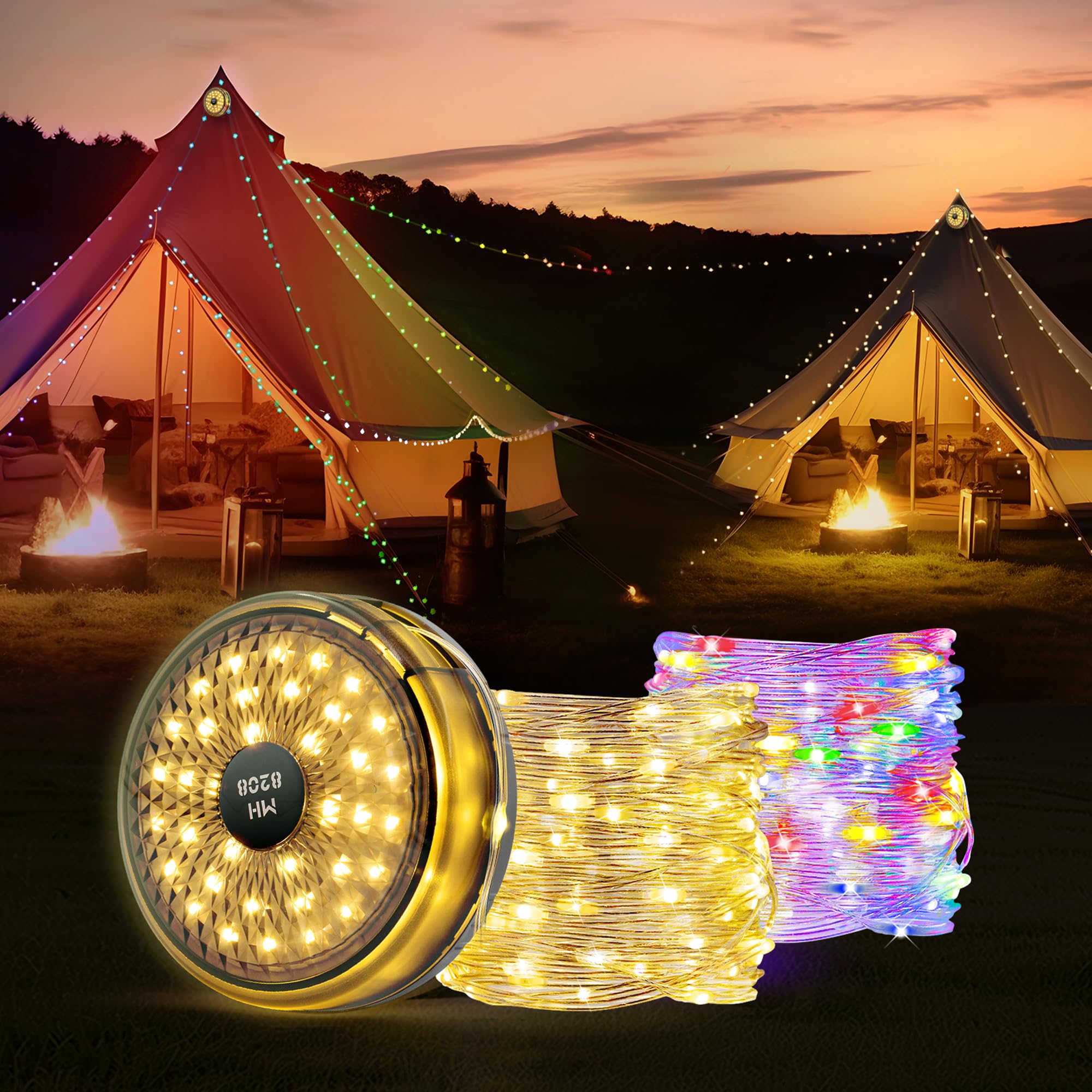 Mcbazel Camping String Lights,Retractable Camping String Fairy Lights Lanterns 12M/39.4FT with 10 Lighting Modes,120LED,2000mah USB Rechargeable,Multicolor & Warm Lighting for Outdoor/Indoor/Camping