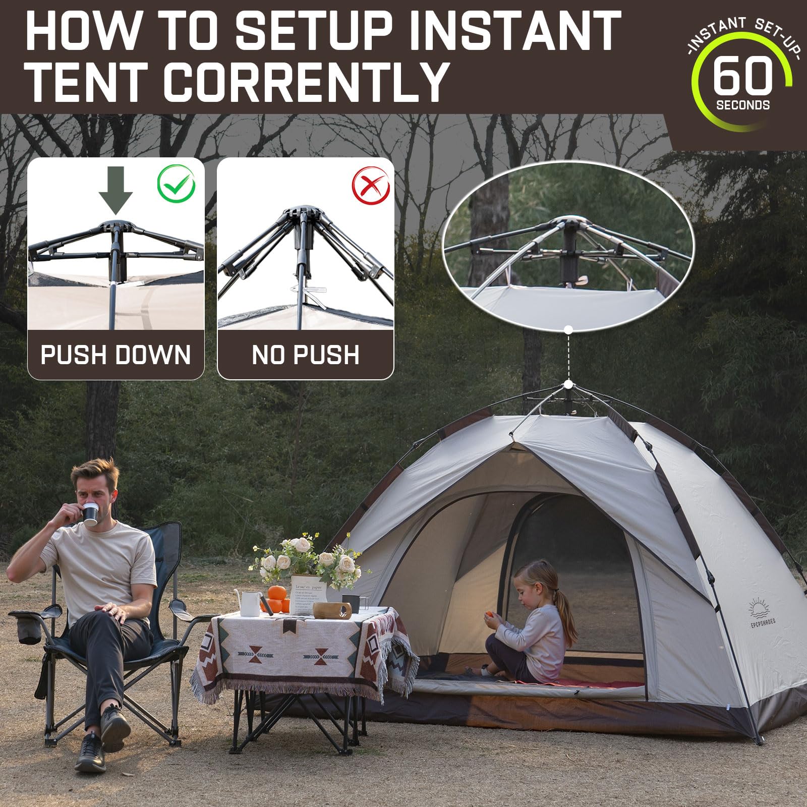 EPCPSHADES Camping Dome Tent for 2 Man, Waterproof Pop up Tent with Carry bag, Instant Double Layer Camping Automatic Tents for Outdoor, Khaki