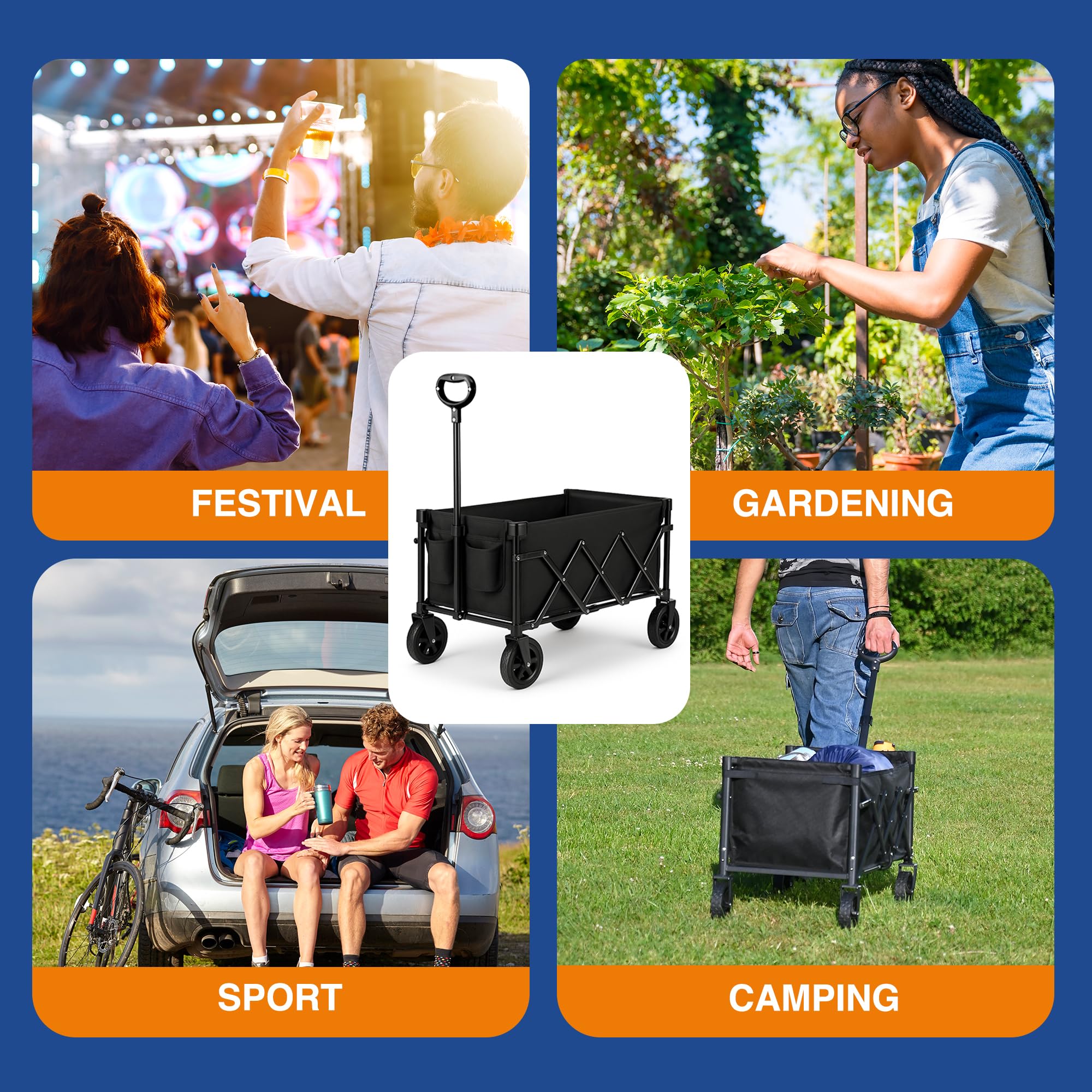 Voyager 100L Heavy Duty Festival Trolley on Wheels, Collapsible Beach Wagon, Portable Camping Cart with Adjustable Handle, Foldable Outdoor Trolley, 80kg Capacity with Drink Holder, Black