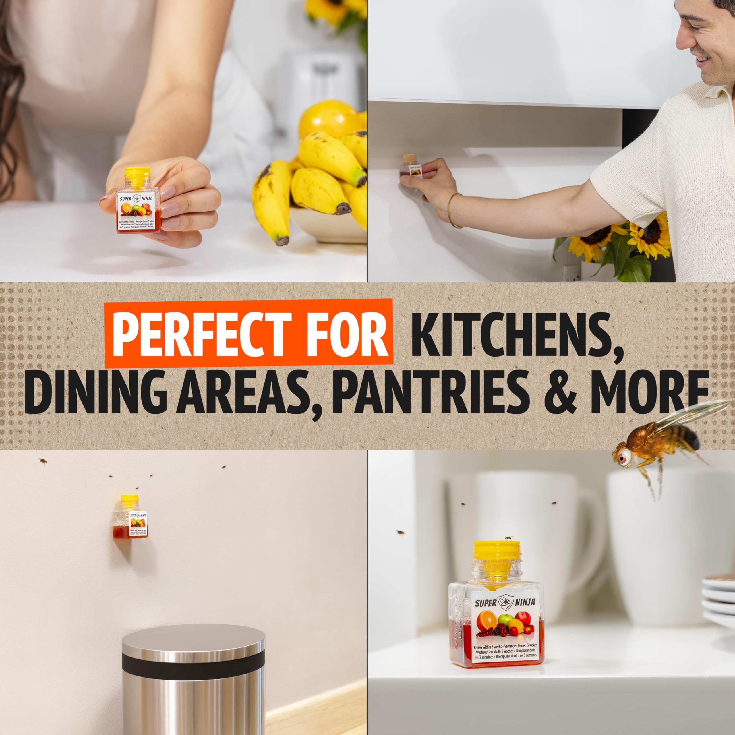 Super Ninja Fruit Fly Trap - 2 pack, Highly Effective Fruit Fly Killer for Home & Kitchen, Up to 3 Weeks of Performance per Bottle, Child & Pet Friendly