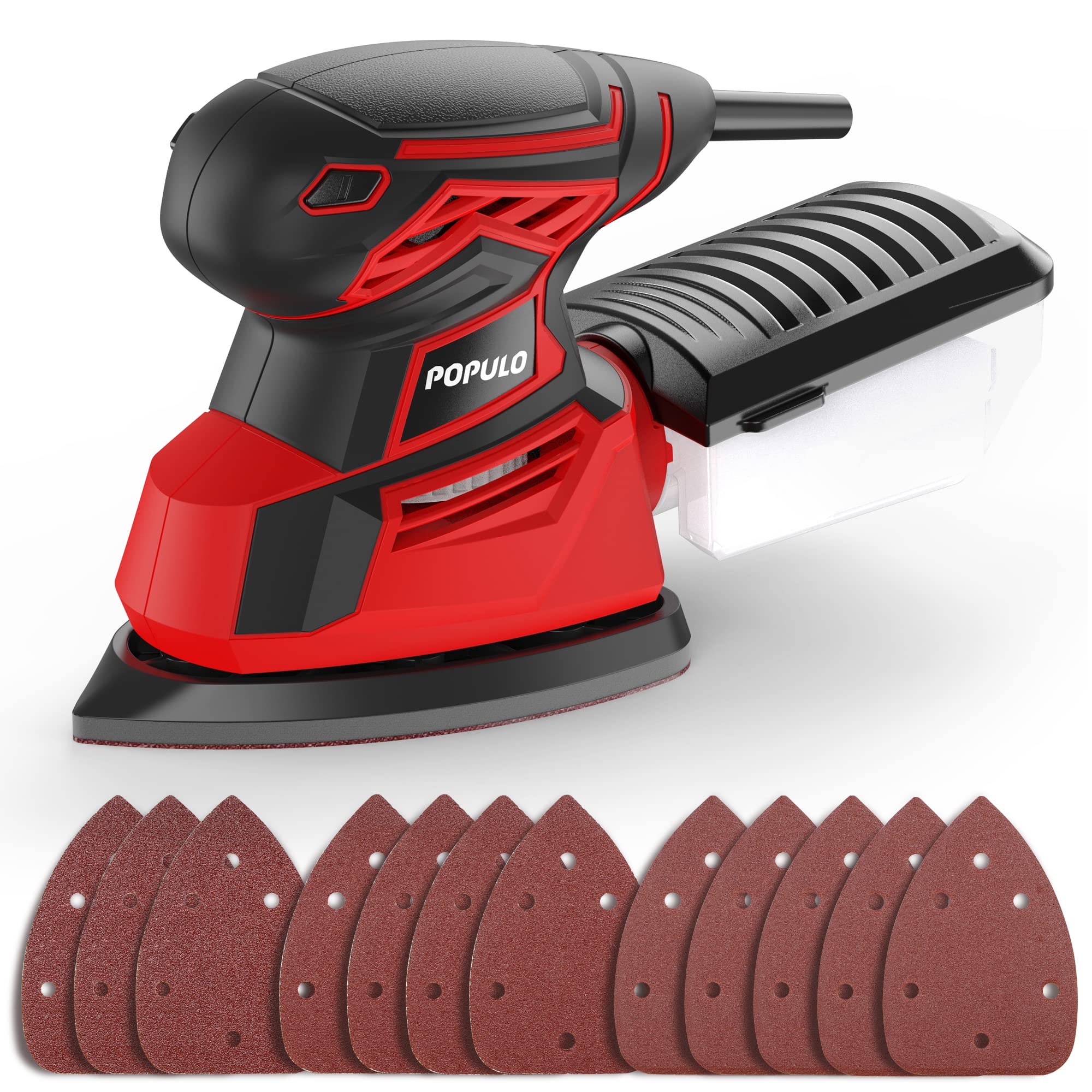 POPULO Electric Mouse Sander, 130W 14000RPM 230V Detail Sander with 12Pcs Sandpapers, Hand Sanders for Wood with Dust Collector, Compact Sanding Machine PEMS-140