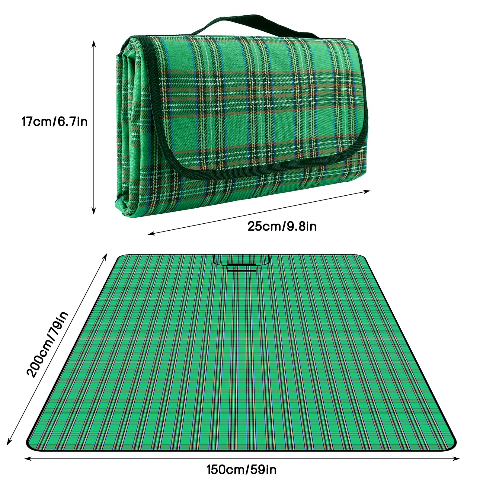 SOMIYAMI Tartan Picnic Blanket Waterproof, Garden Outdoor Camping Blanket, Beach Picnic Mat With Carrying Handle, Washable Multipurpose 150 x 200cm (Green)