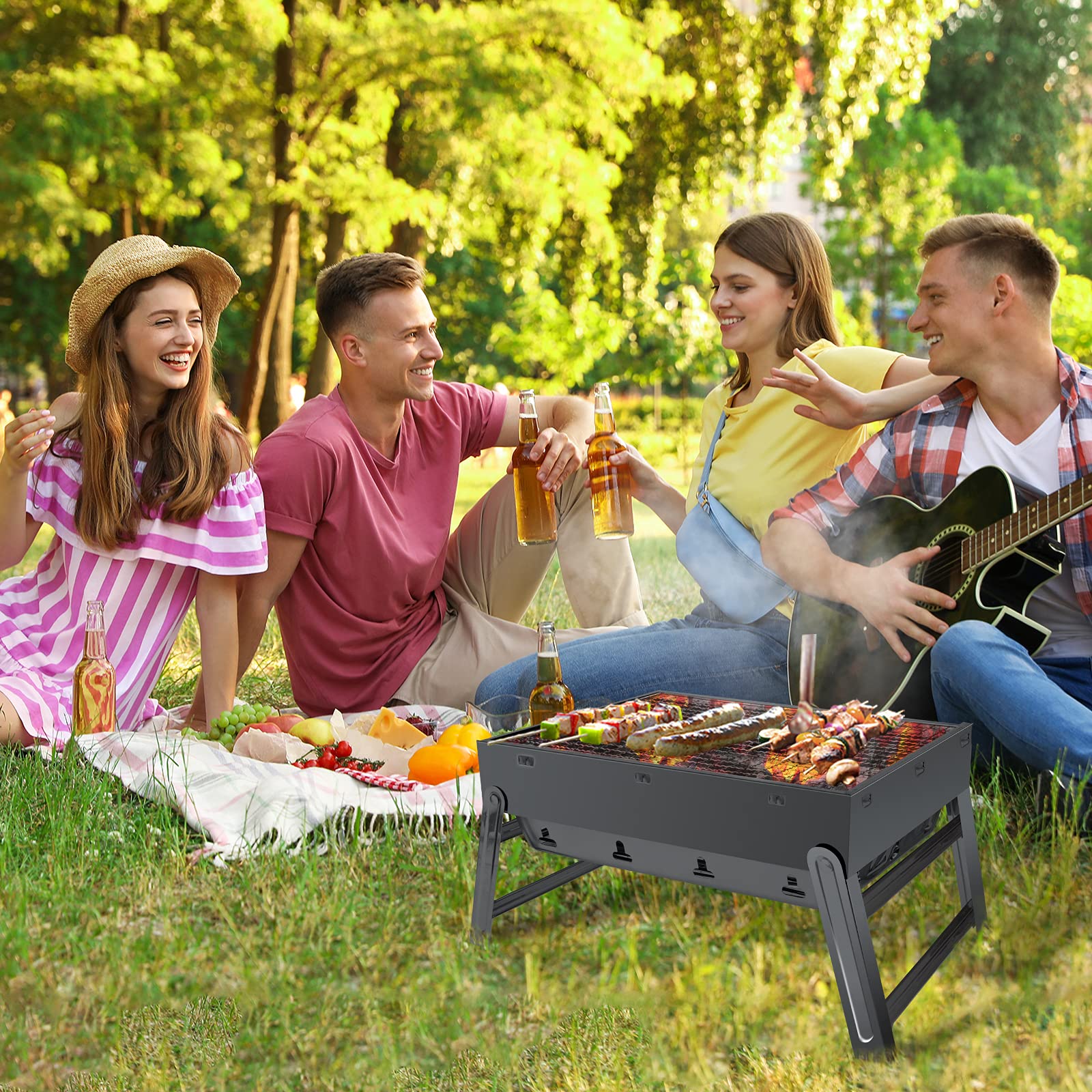 BBQ Barbecue Grill, Portable Folding Charcoal Barbecue Desk Tabletop Outdoor Stainless Steel Smoker BBQ for Picnic Garden Terrace Camping Travel 15.35''x11.41''x2.95'' (Black)