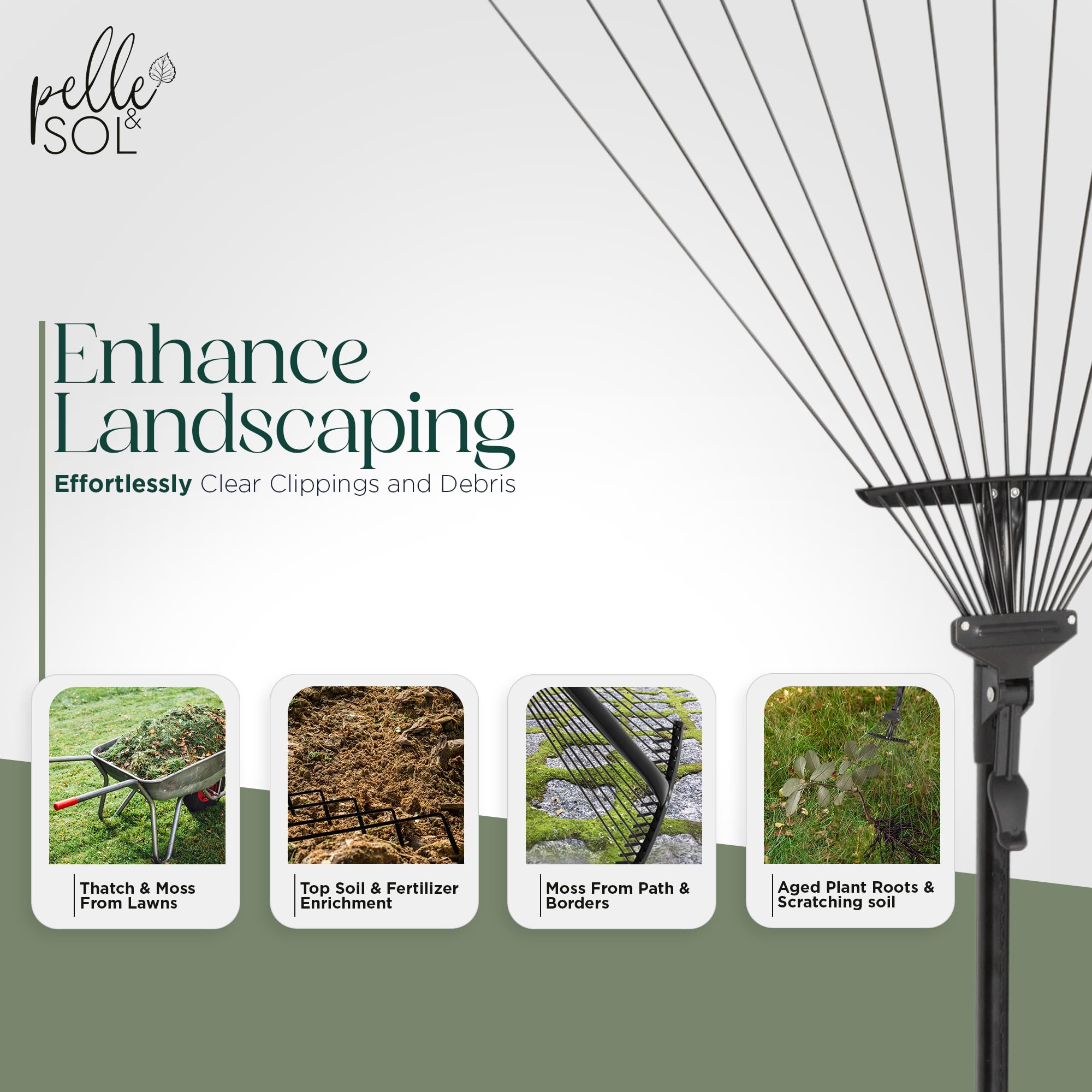 Pelle & Sol Garden Rake - 38-63 Inch Adjustable Lawn Rake for Gardening, Grass w/ 25 Tines for Yard Clean Up - Garden Rakes for Leaves, Lawn Leveller, Yard Clean Up Tool - Black