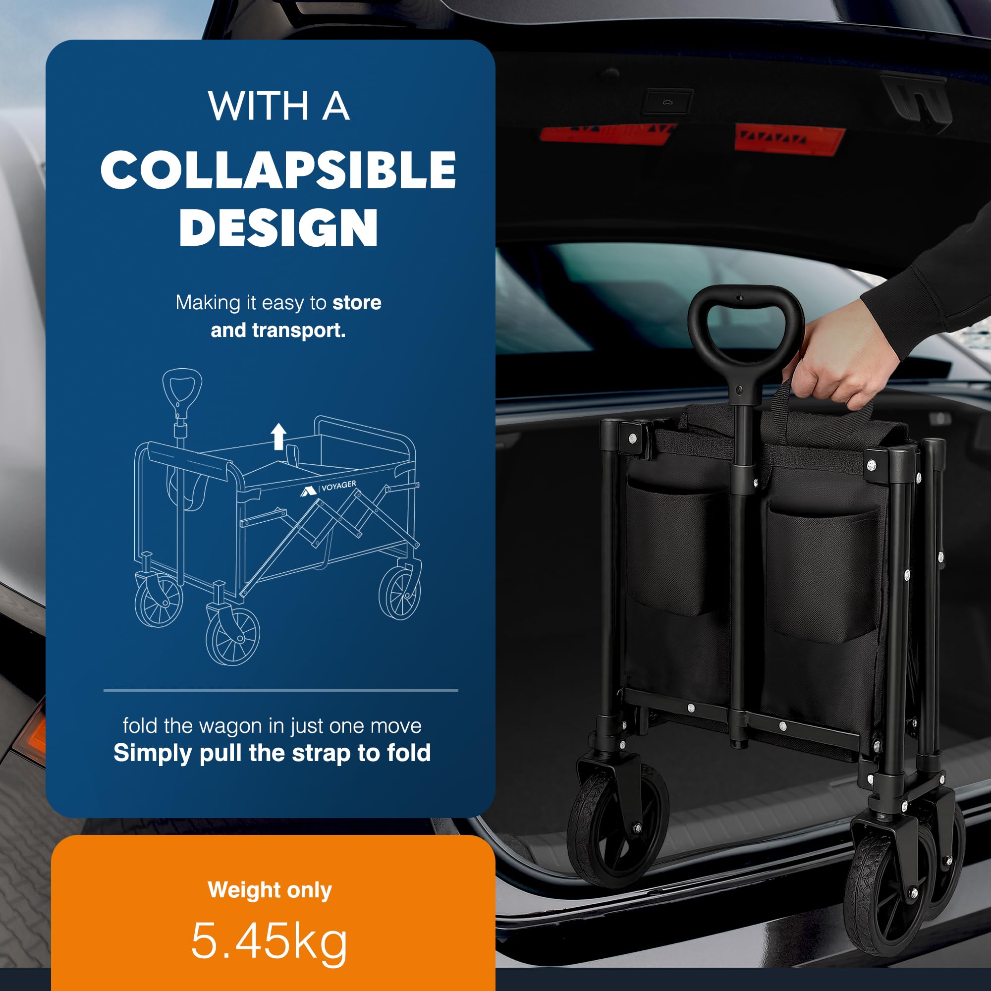 Voyager 100L Heavy Duty Festival Trolley on Wheels, Collapsible Beach Wagon, Portable Camping Cart with Adjustable Handle, Foldable Outdoor Trolley, 80kg Capacity with Drink Holder, Black