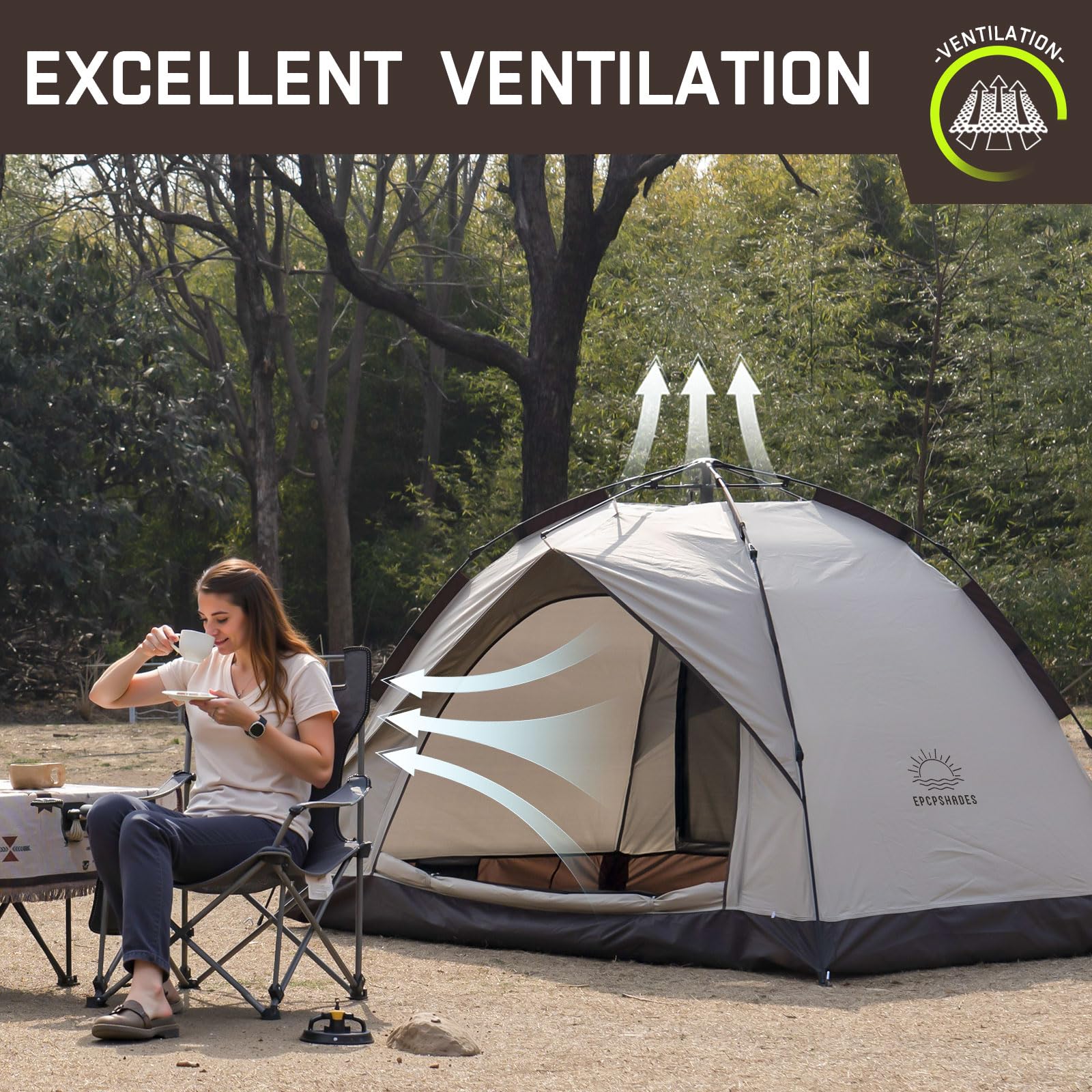 EPCPSHADES Camping Dome Tent for 2 Man, Waterproof Pop up Tent with Carry bag, Instant Double Layer Camping Automatic Tents for Outdoor, Khaki