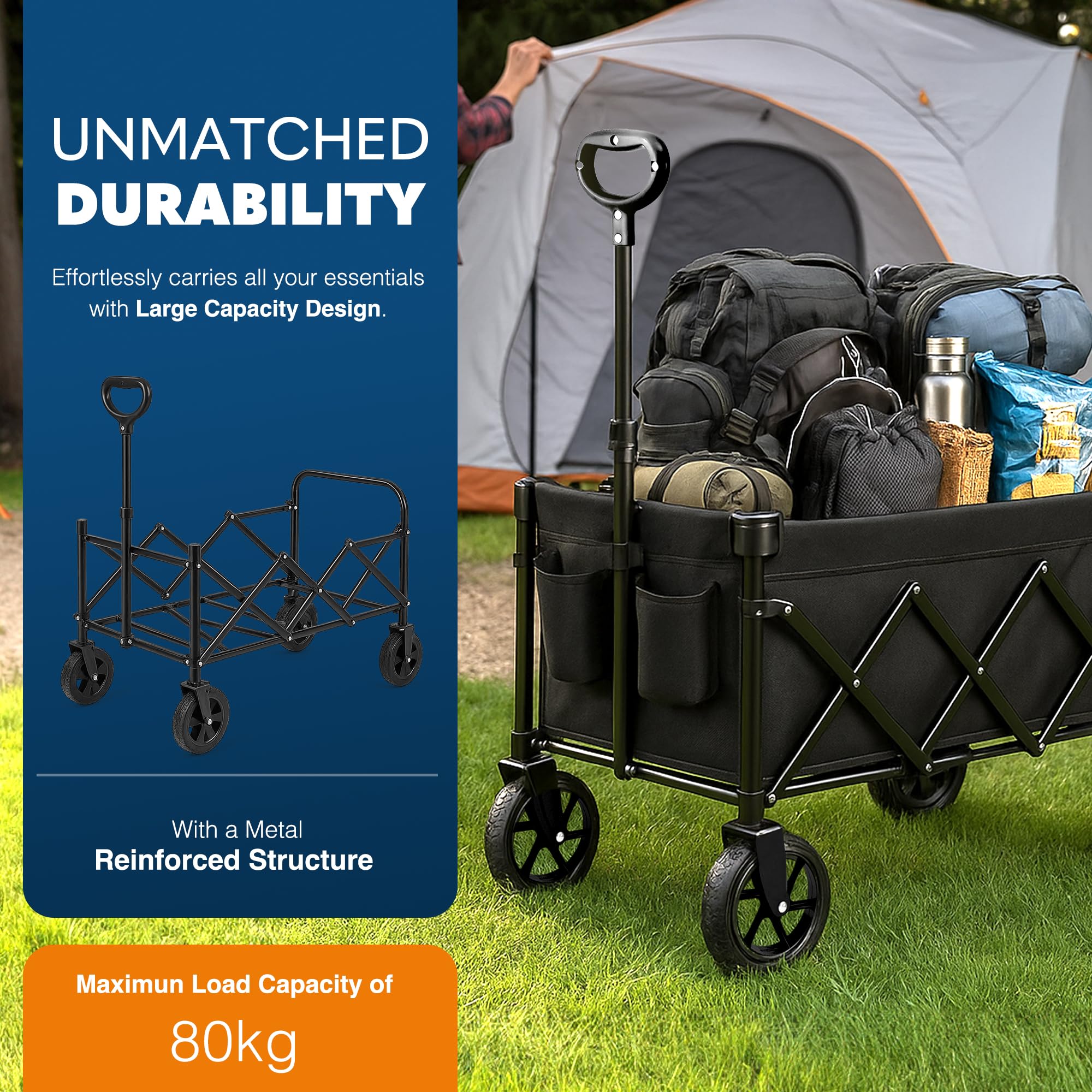 Voyager 100L Heavy Duty Festival Trolley on Wheels, Collapsible Beach Wagon, Portable Camping Cart with Adjustable Handle, Foldable Outdoor Trolley, 80kg Capacity with Drink Holder, Black