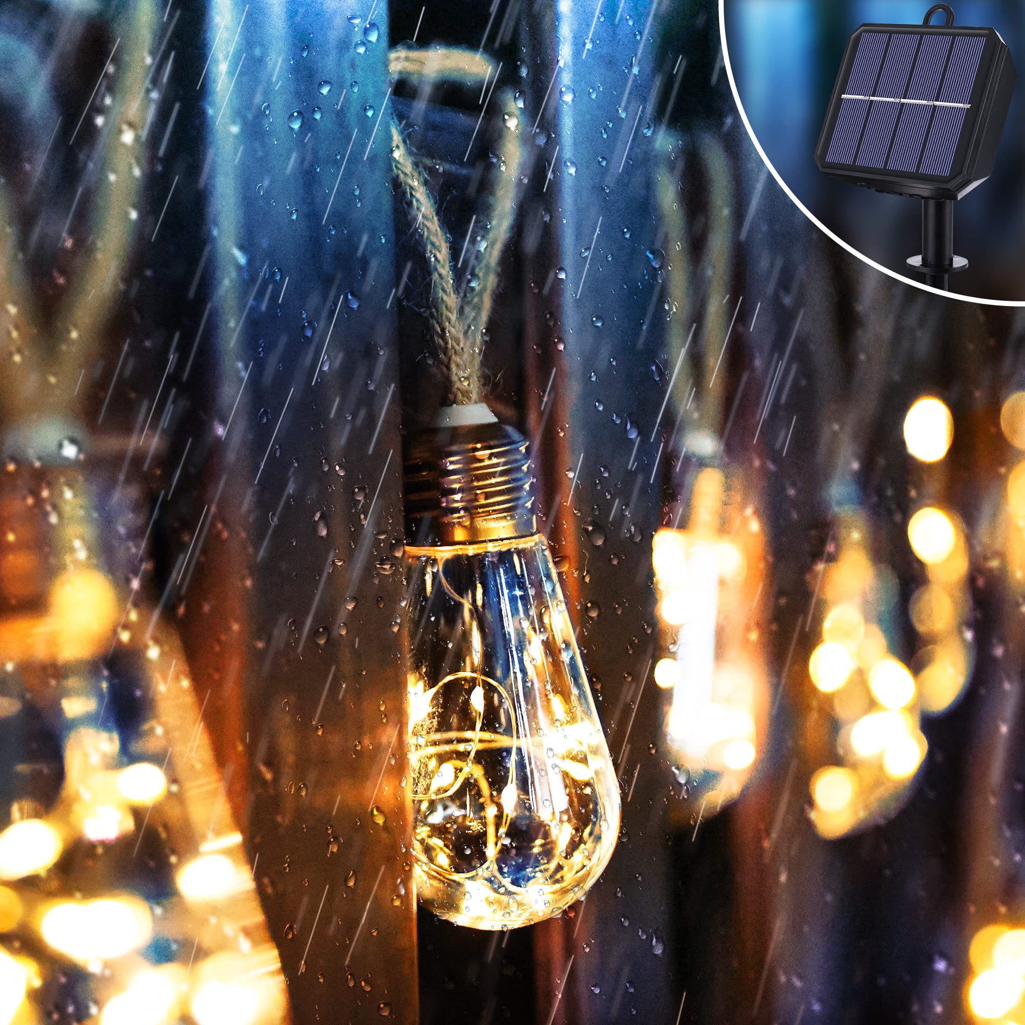 Geemoo Solar Fairy Lights Outdoor Garden - 8M 160 LED Solar String Lights Waterproof, Hemp Rope Solar Festoon Lights with 16 LED Shatterproof Bulbs for Patio, Party, Yard, Xmas Decoration (Warm White)