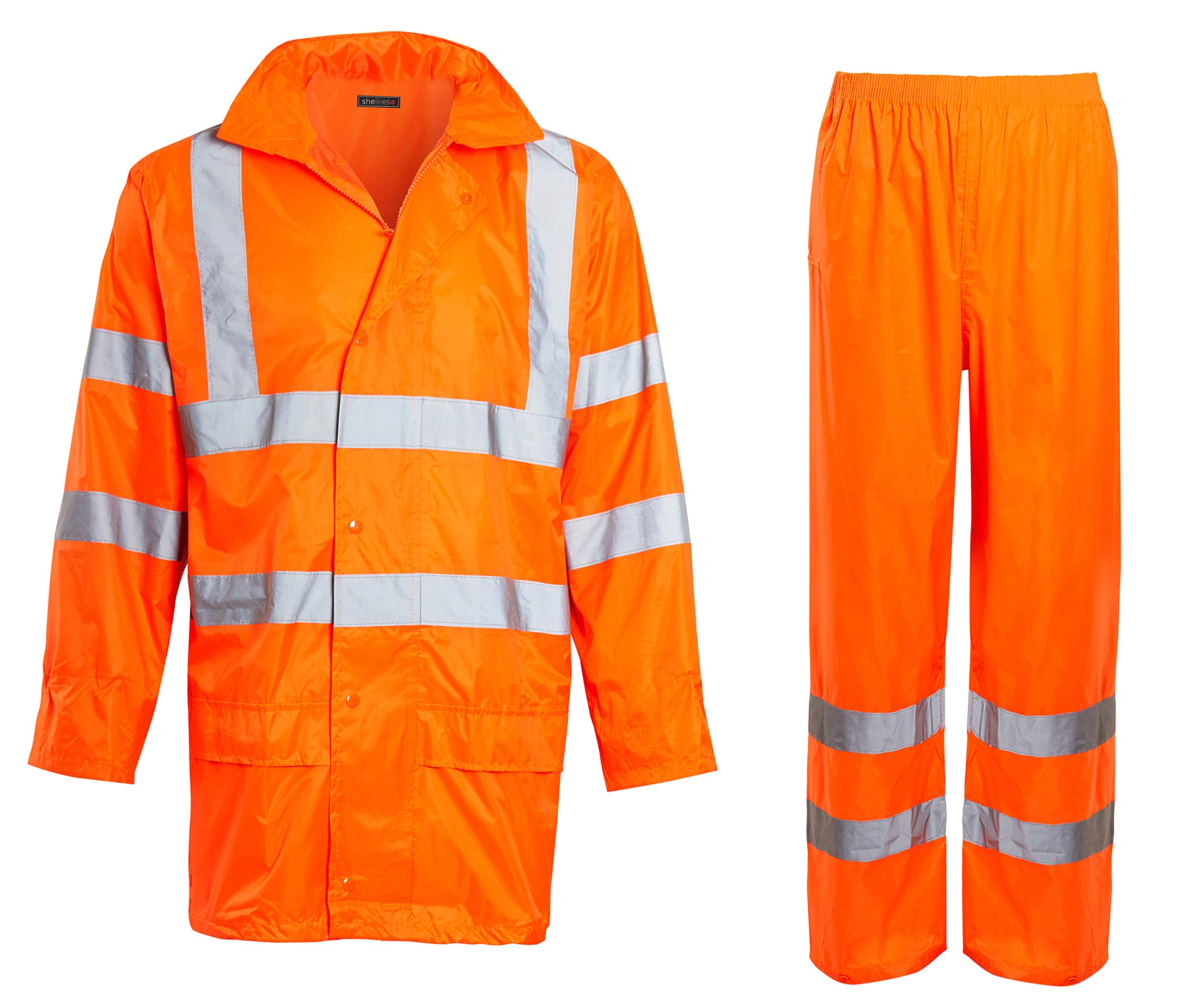 shelikes Hi VIS Viz & Plain Rainsuit 2 Piece Set High Visibility Men Women Hooded Puddle LaShelikes dies Rain Suit Jacket & Trousers Waterproof PVC Workwear Rain Wear Size S-4XL (Orange Hi Vis, XL)