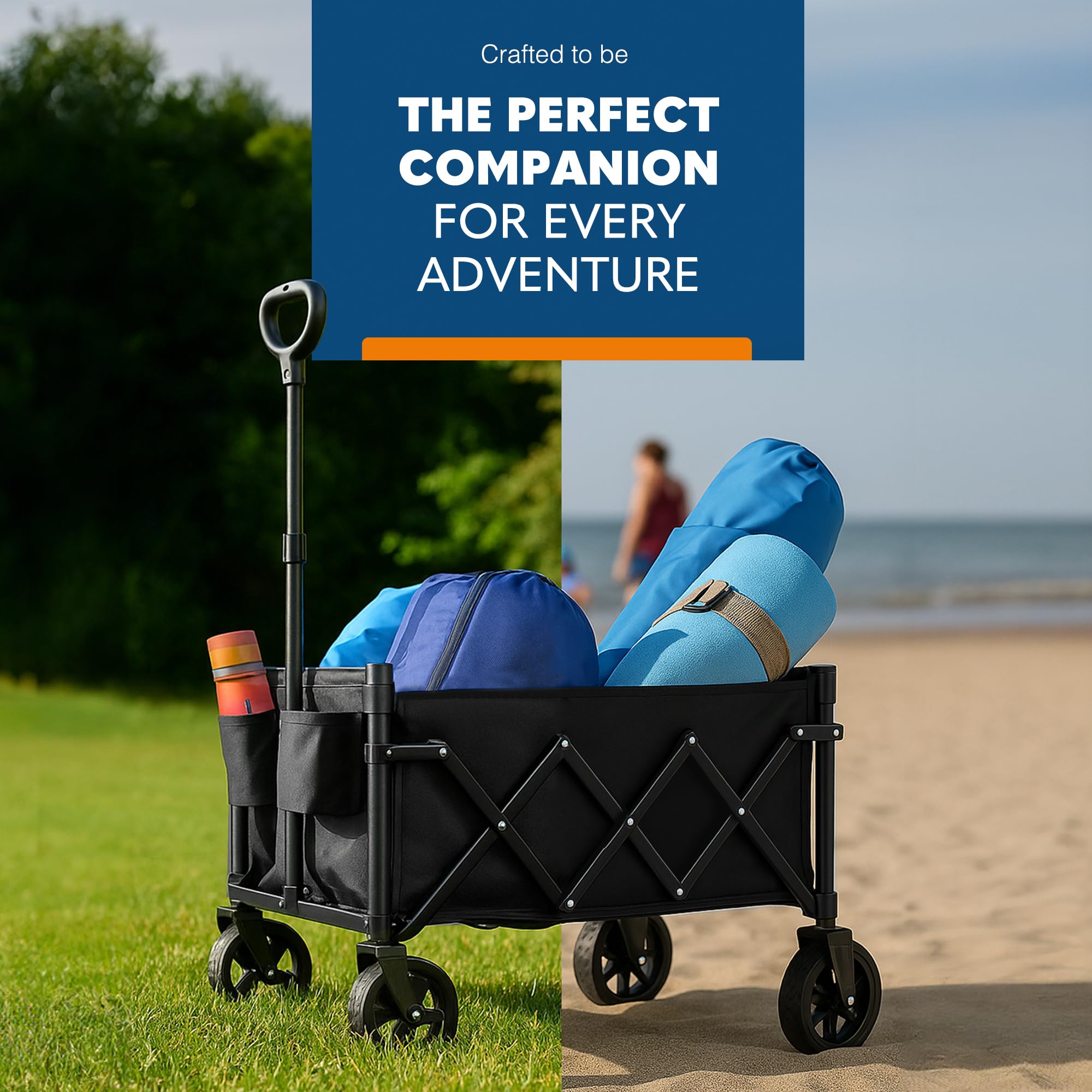 Voyager 100L Heavy Duty Festival Trolley on Wheels, Collapsible Beach Wagon, Portable Camping Cart with Adjustable Handle, Foldable Outdoor Trolley, 80kg Capacity with Drink Holder, Black