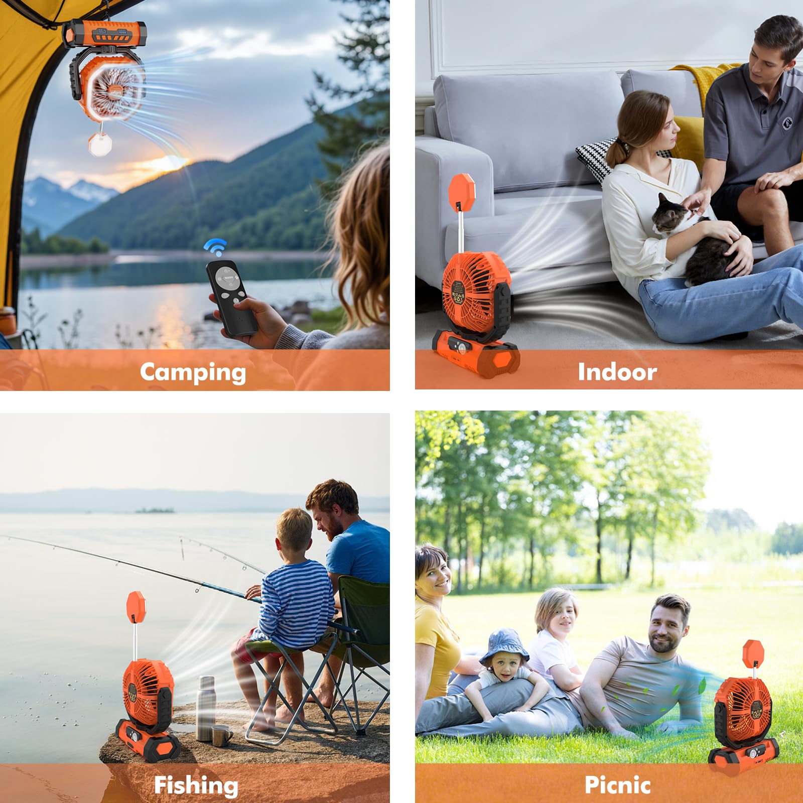 Outdoor Camping Fan with Light, 20000mAh Battery Powered, Rechargeable Portable Fan with Remote Control and 360° Rotating Hook, 4 Speeds for Indoor, Traveling, Tenting, RVing, Fishing, Beach (Orange)