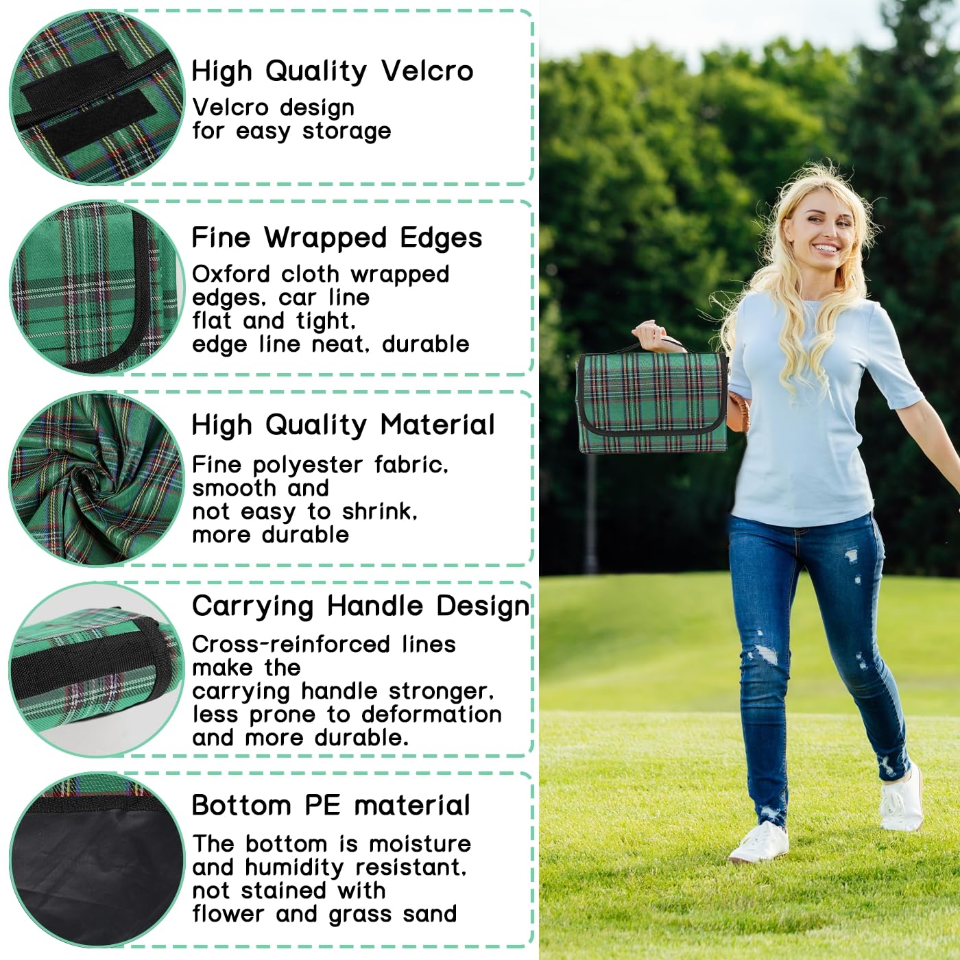 SOMIYAMI Tartan Picnic Blanket Waterproof, Garden Outdoor Camping Blanket, Beach Picnic Mat With Carrying Handle, Washable Multipurpose 150 x 200cm (Green)