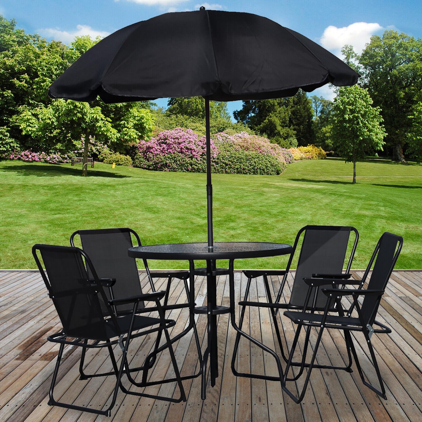 Garden Mile Patio Dining Set - Round 4 seater garden dinning set with Umbrella, 4 Folding Dining Chairs & Round Tempered Glass Table for Garden, Patio furniture or conservatory décor (Black)