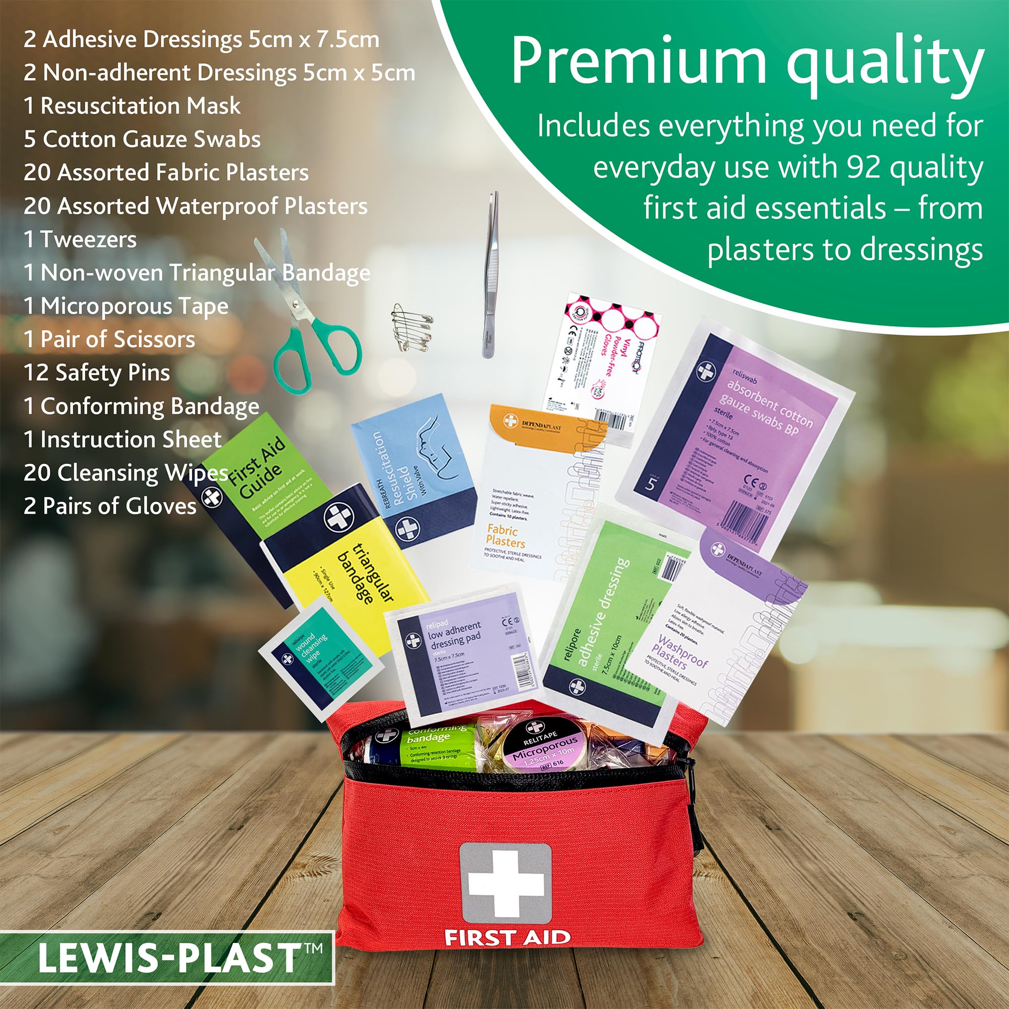 Lewis-Plast Premium 92 Piece First Aid Kit - Safety Essentials for Travel, Car, Home, Camping, Work, Hiking & Holiday Red , Small