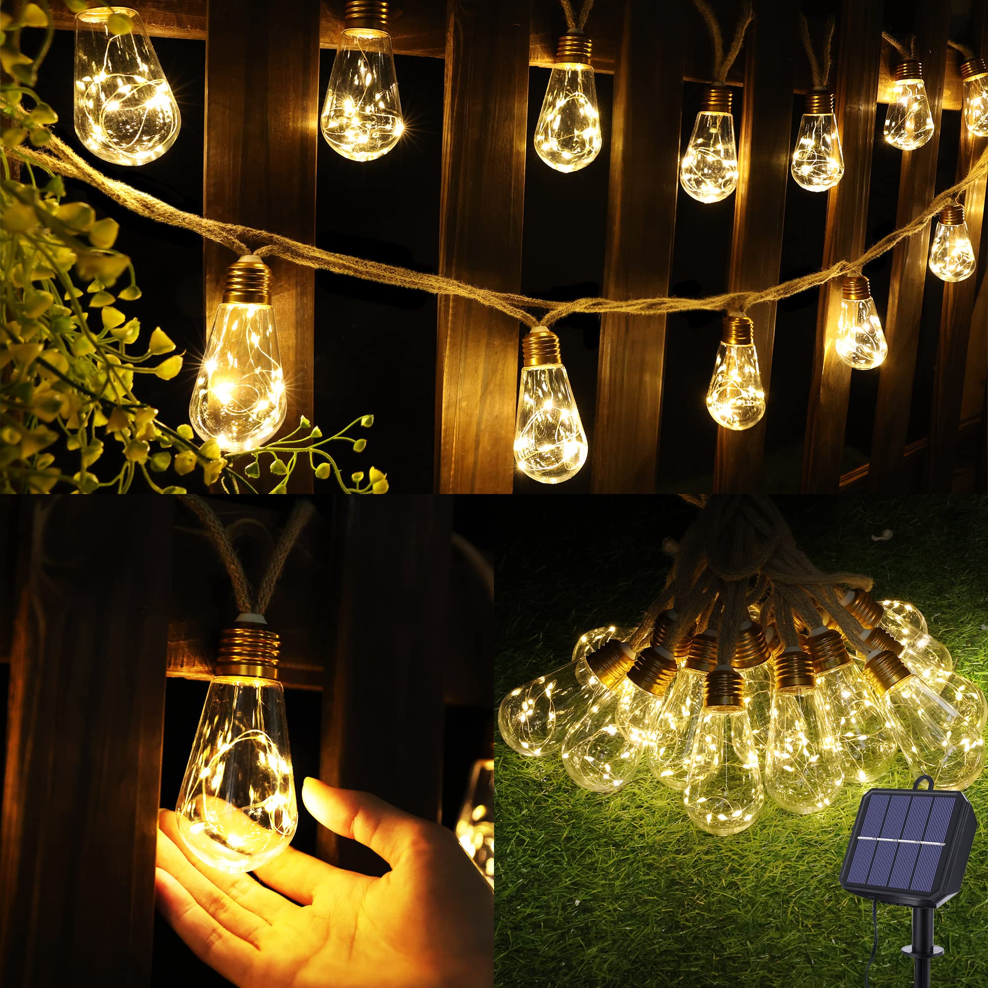 Geemoo Solar Fairy Lights Outdoor Garden - 8M 160 LED Solar String Lights Waterproof, Hemp Rope Solar Festoon Lights with 16 LED Shatterproof Bulbs for Patio, Party, Yard, Xmas Decoration (Warm White)
