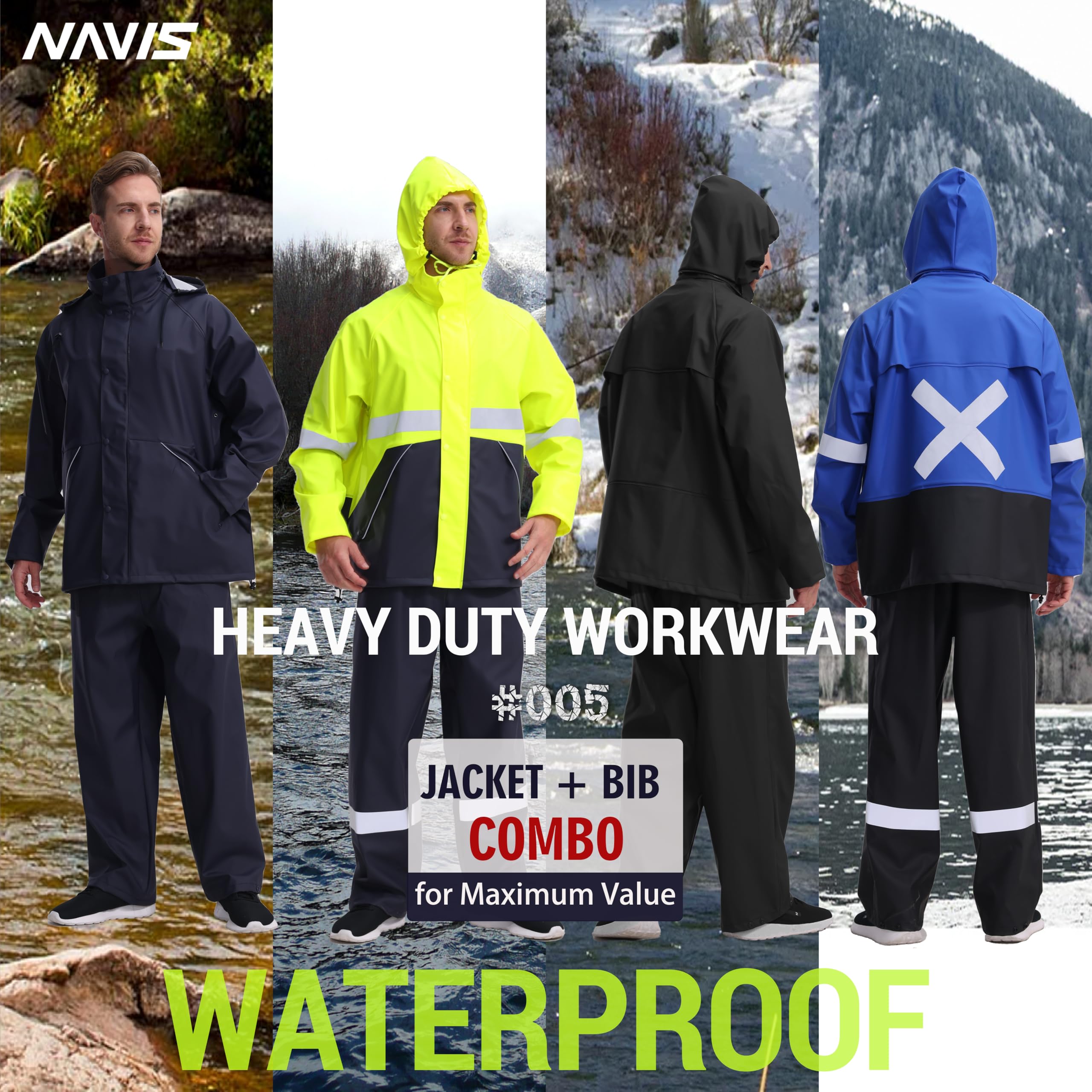 Navis Marine Rain Suit for Men Heavy Duty PVC Workwear Waterproof Durable Fishing Bib Pants Combo (Acid Lime, 2X-Large)